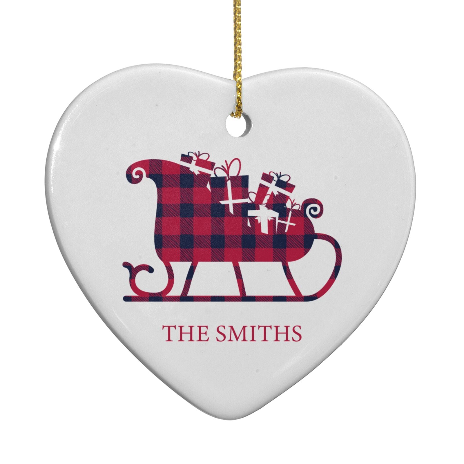 Tartan Santa Sleigh Personalised Surname Heart Decoration