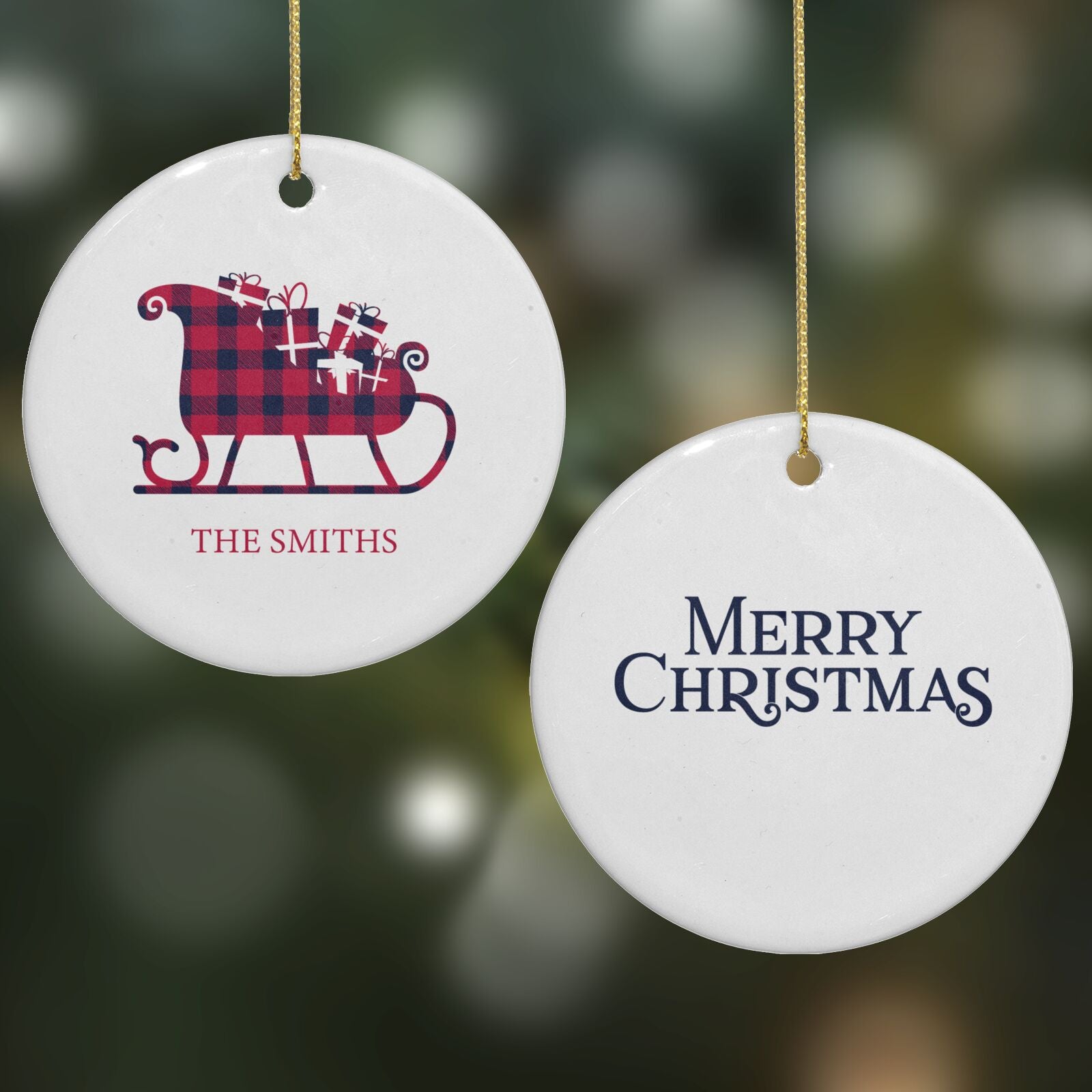 Tartan Santa Sleigh Personalised Surname Round Decoration on Christmas Background