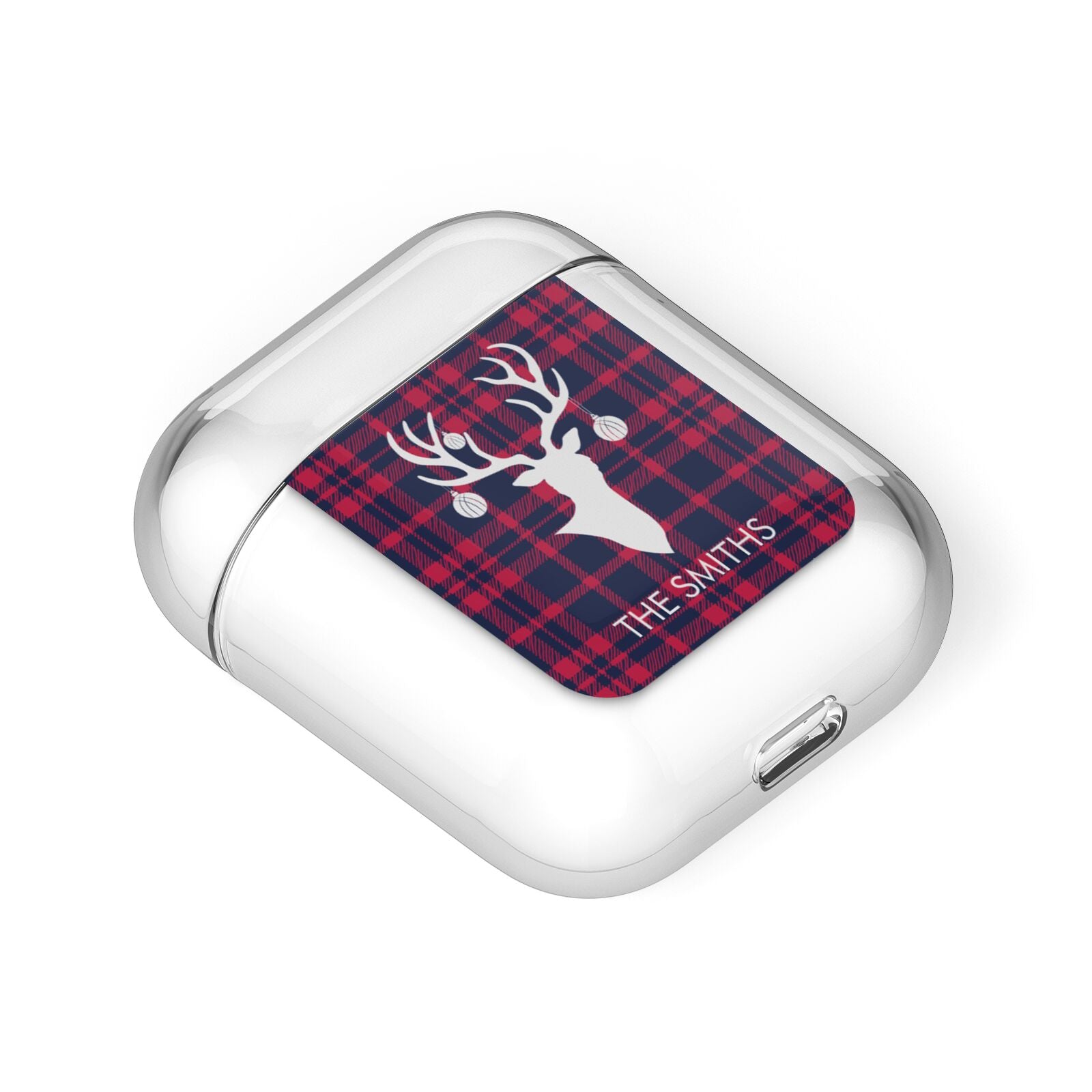 Tartan Stag Personalised Family Name AirPods Case Laid Flat