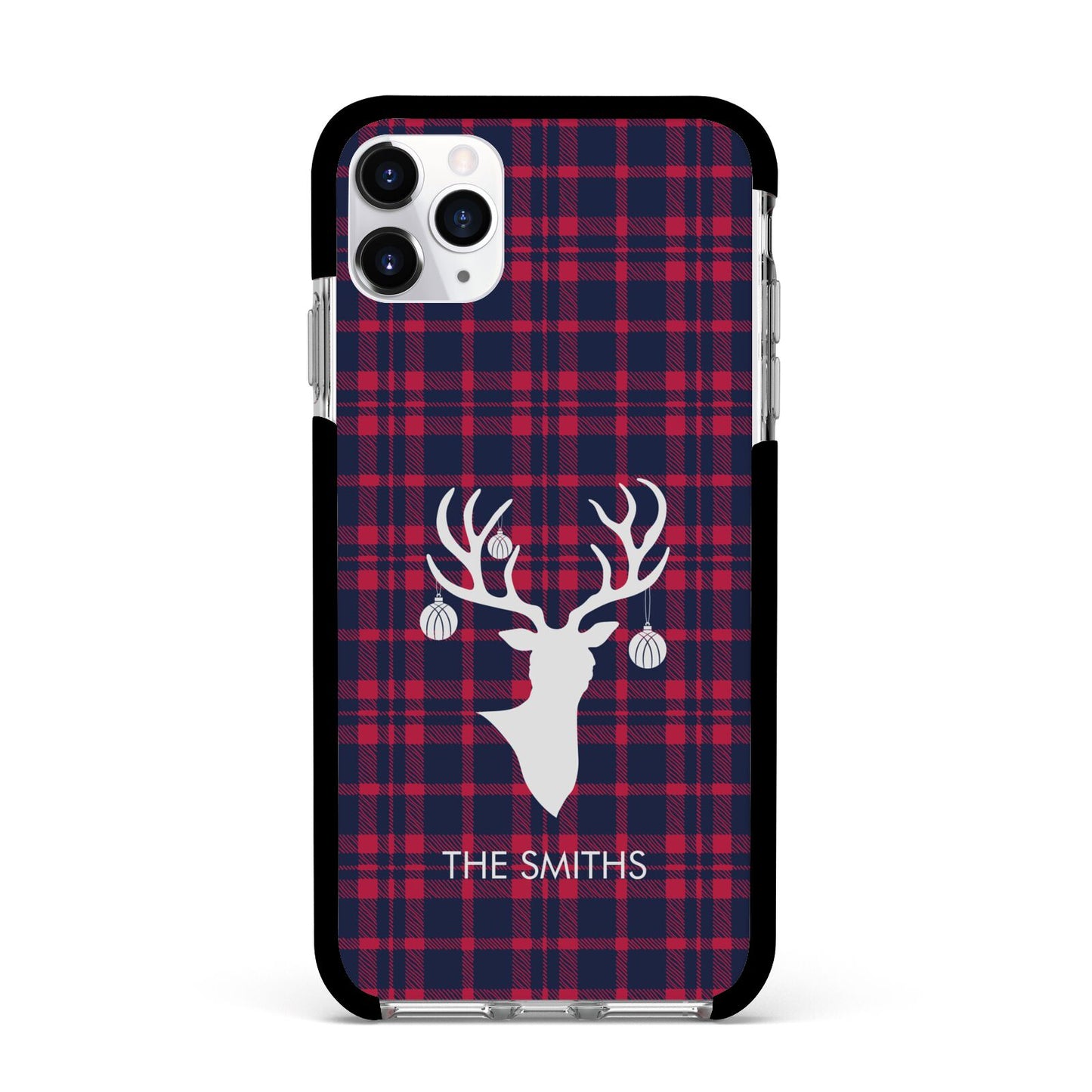 Tartan Stag Personalised Family Name Apple iPhone 11 Pro Max in Silver with Black Impact Case