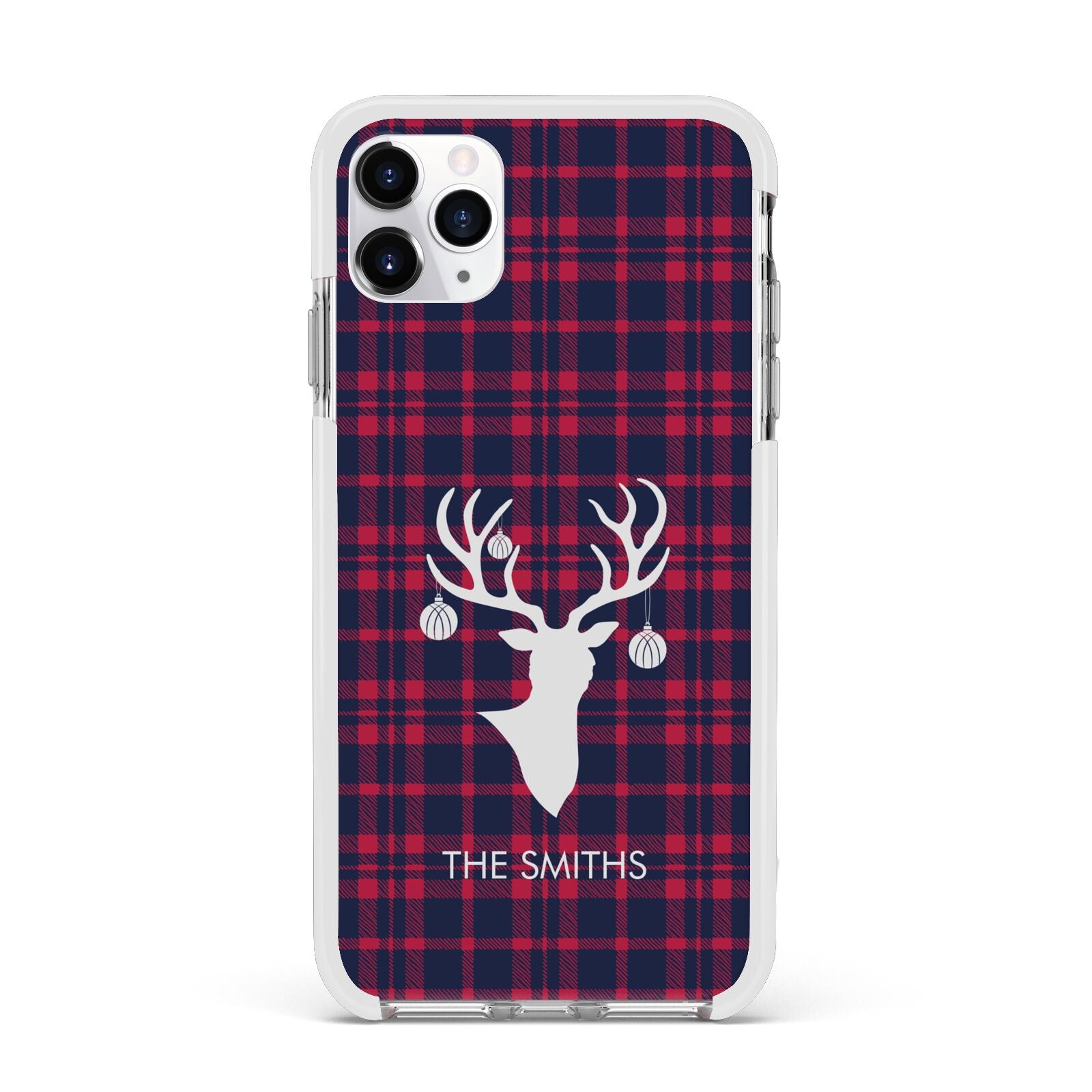 Tartan Stag Personalised Family Name Apple iPhone 11 Pro Max in Silver with White Impact Case