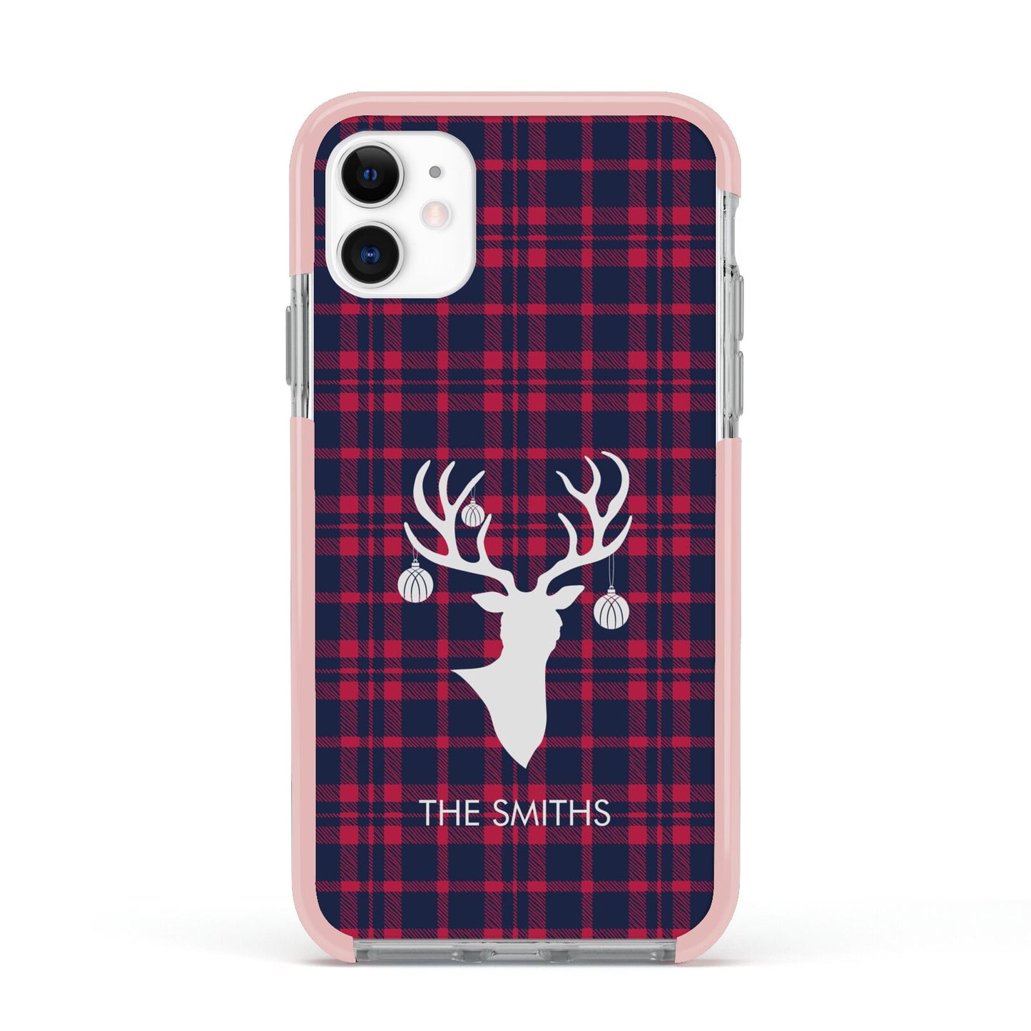 Tartan Stag Personalised Family Name Apple iPhone 11 in White with Pink Impact Case