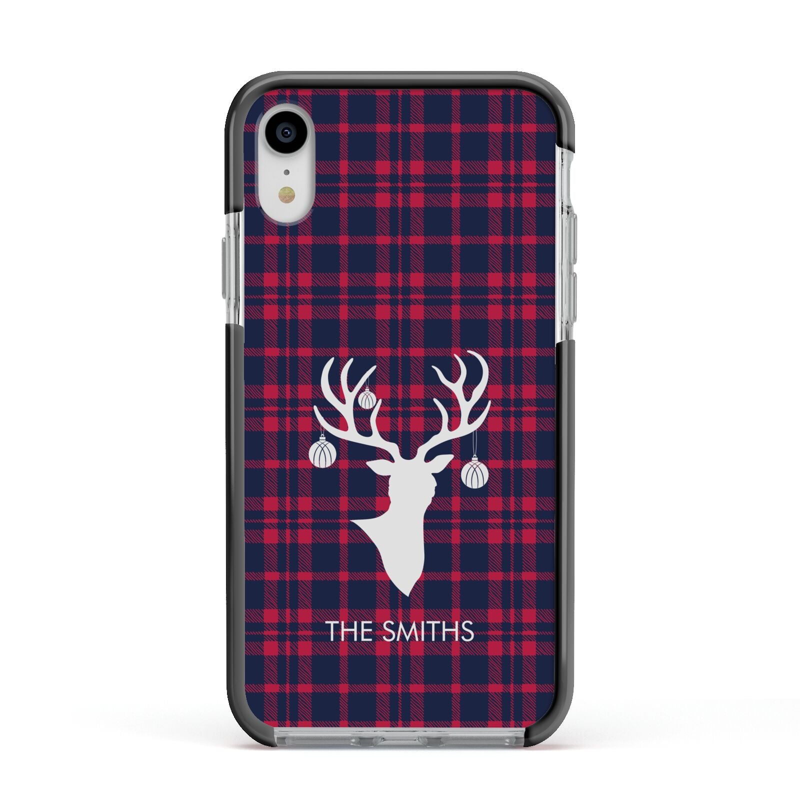 Tartan Stag Personalised Family Name Apple iPhone XR Impact Case Black Edge on Silver Phone