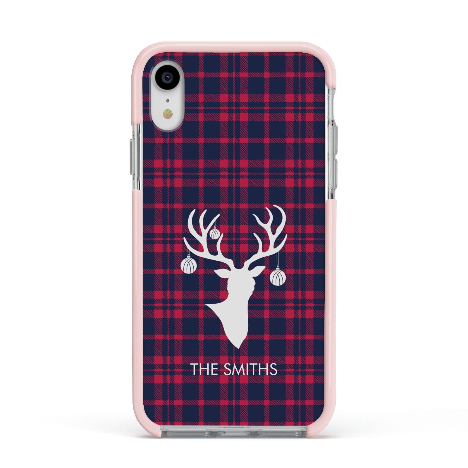 Tartan Stag Personalised Family Name Apple iPhone XR Impact Case Pink Edge on Silver Phone