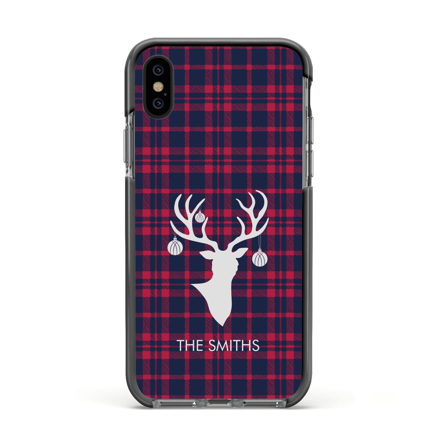 Tartan Stag Personalised Family Name Apple iPhone Xs Impact Case Black Edge on Black Phone