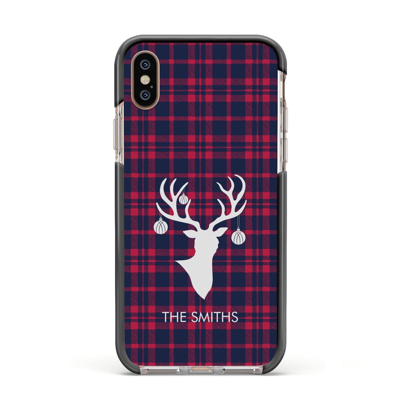 Tartan Stag Personalised Family Name Apple iPhone Xs Impact Case Black Edge on Gold Phone