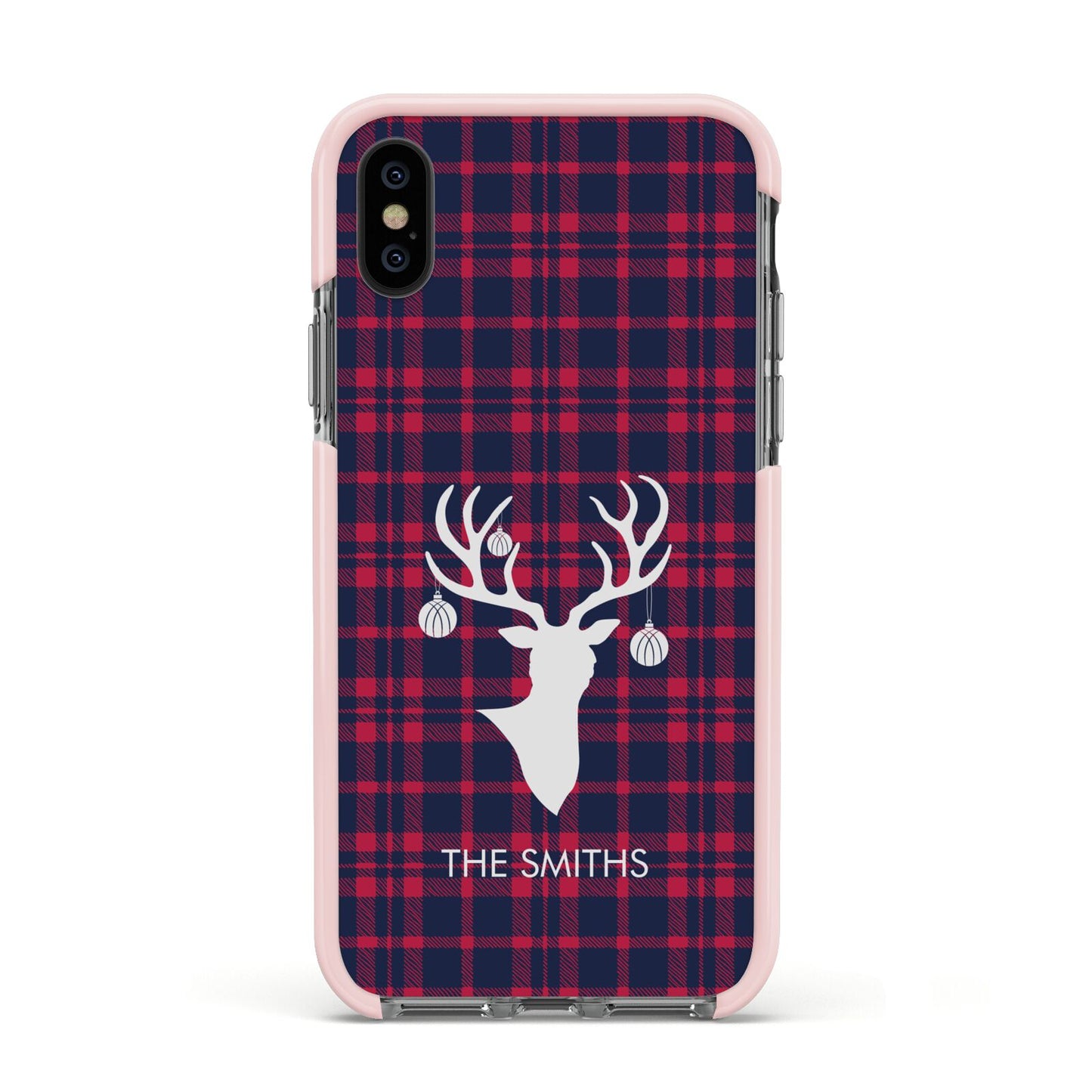 Tartan Stag Personalised Family Name Apple iPhone Xs Impact Case Pink Edge on Black Phone