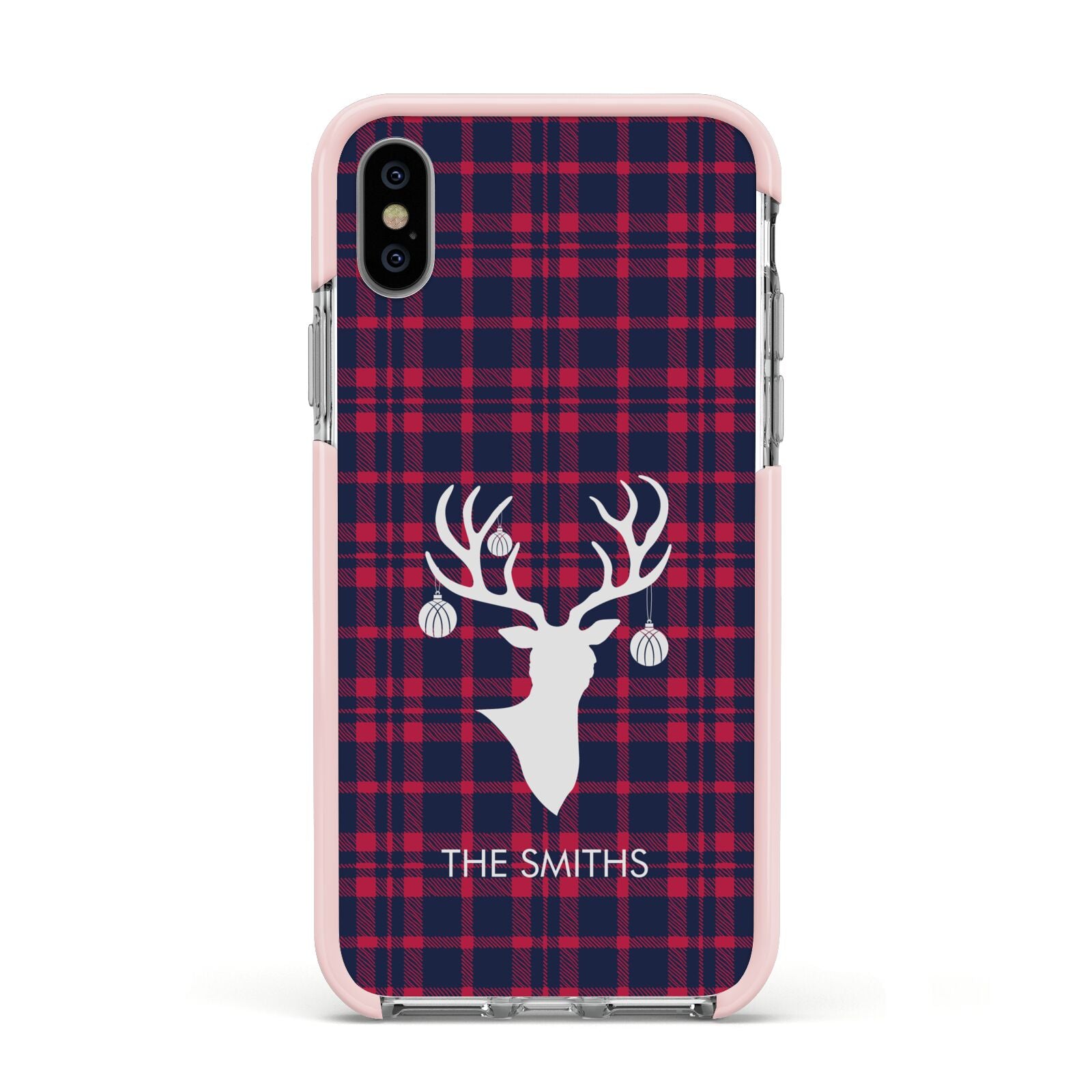 Tartan Stag Personalised Family Name Apple iPhone Xs Impact Case Pink Edge on Silver Phone