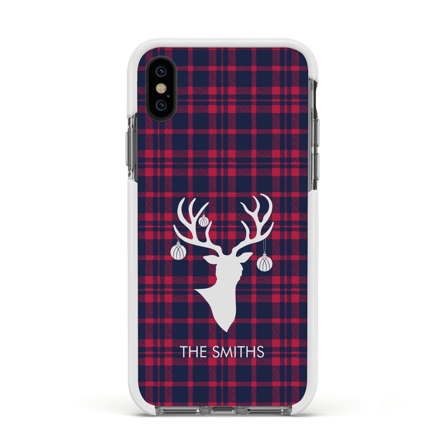Tartan Stag Personalised Family Name Apple iPhone Xs Impact Case White Edge on Black Phone