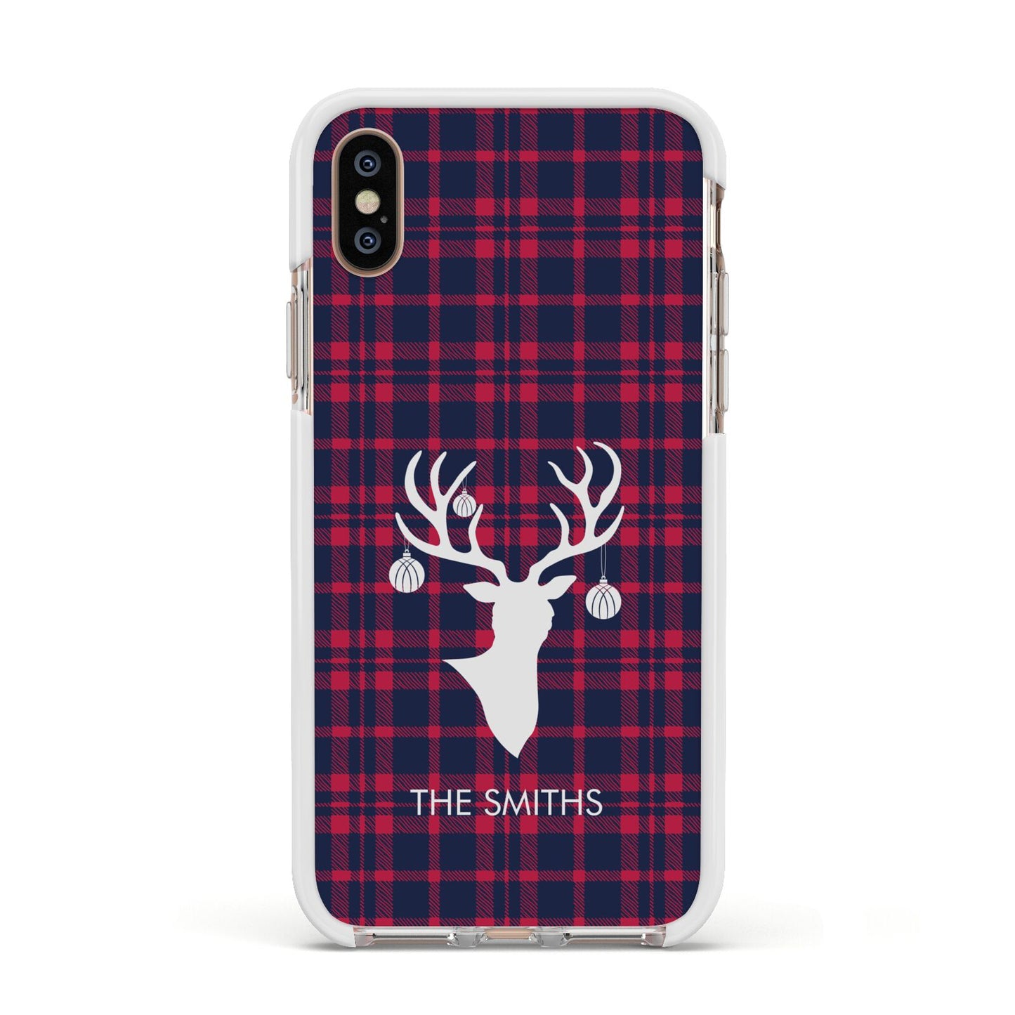 Tartan Stag Personalised Family Name Apple iPhone Xs Impact Case White Edge on Gold Phone