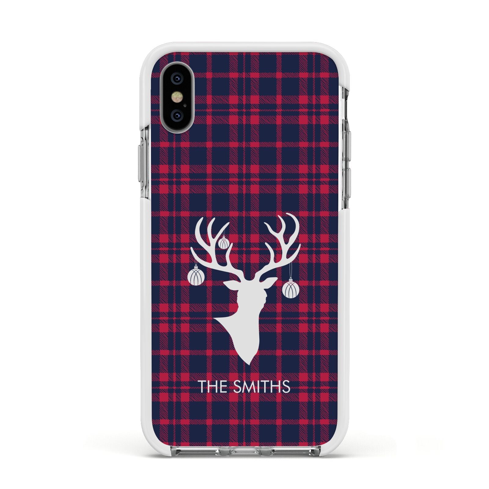 Tartan Stag Personalised Family Name Apple iPhone Xs Impact Case White Edge on Silver Phone