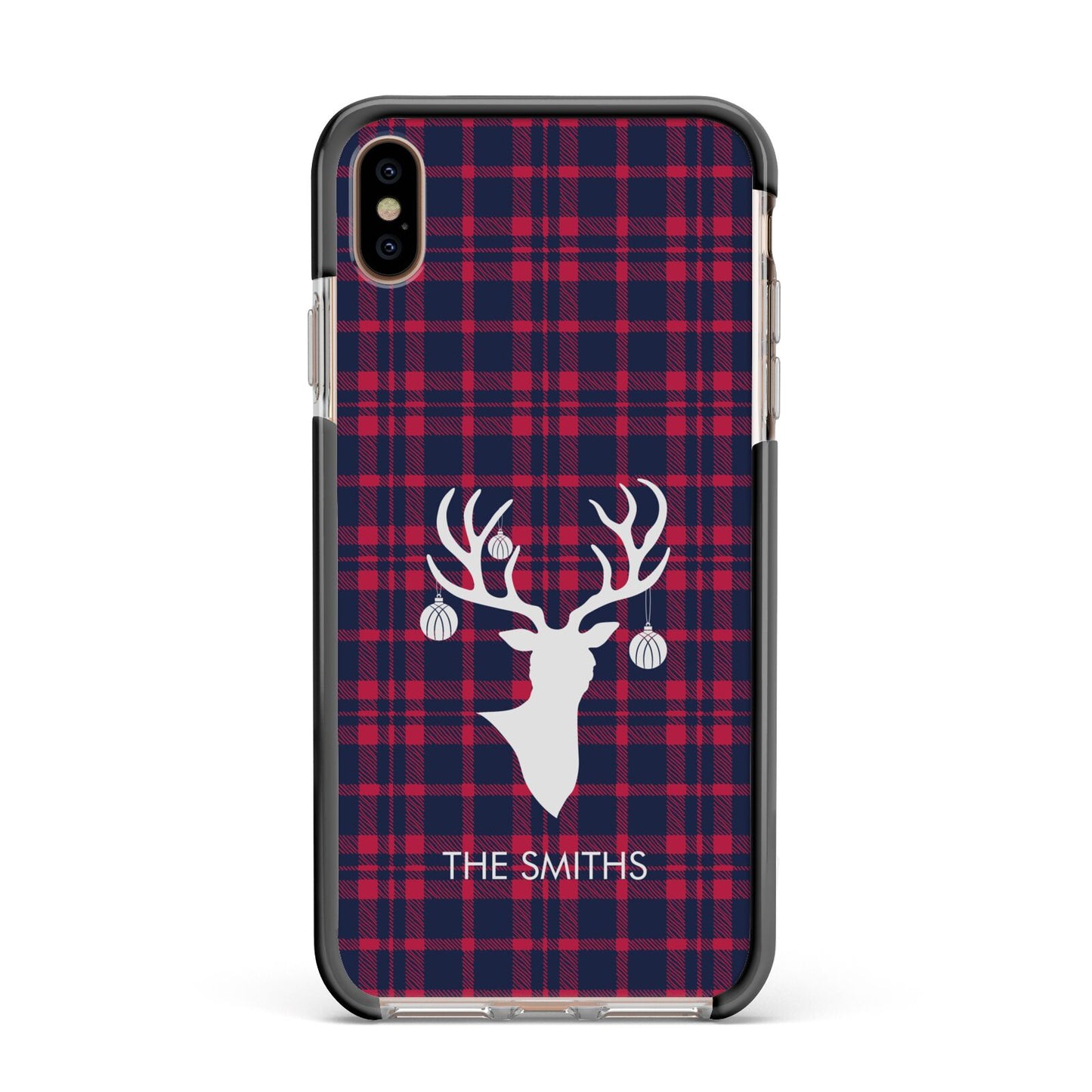 Tartan Stag Personalised Family Name Apple iPhone Xs Max Impact Case Black Edge on Gold Phone