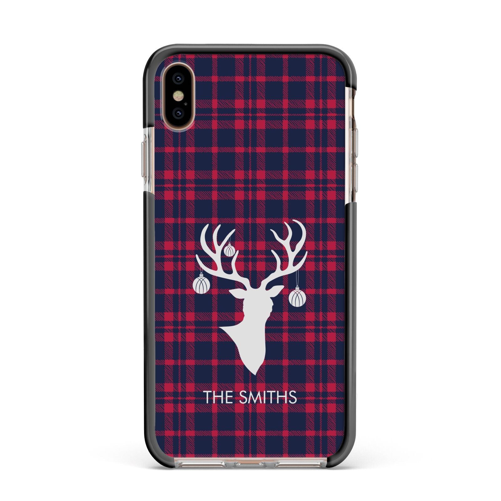 Tartan Stag Personalised Family Name Apple iPhone Xs Max Impact Case Black Edge on Gold Phone