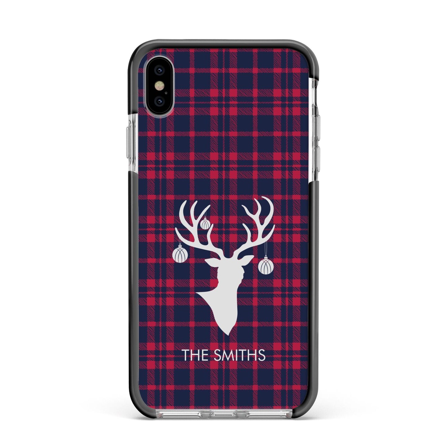 Tartan Stag Personalised Family Name Apple iPhone Xs Max Impact Case Black Edge on Silver Phone