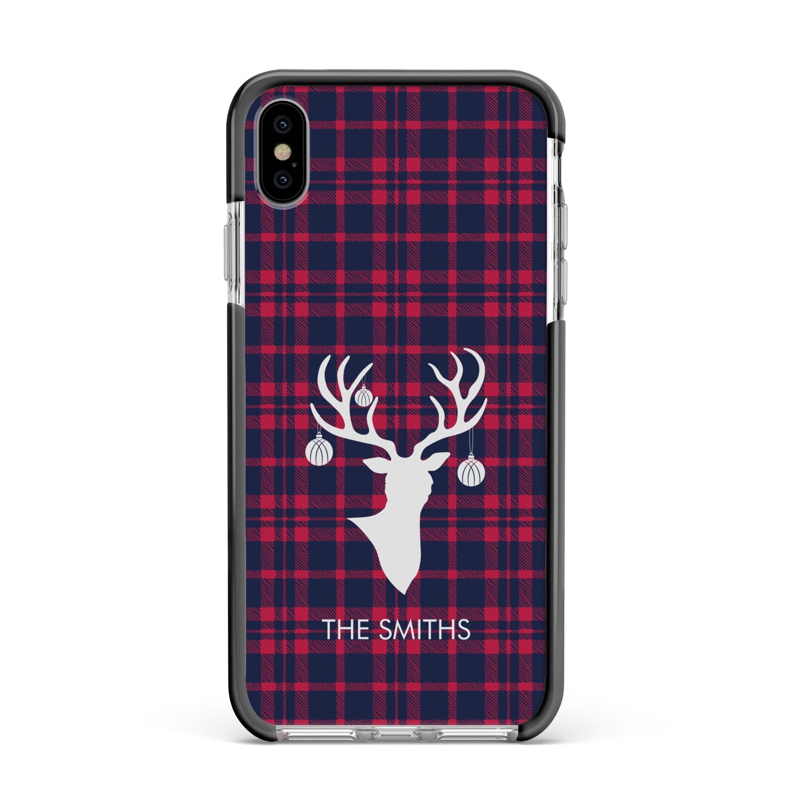 Tartan Stag Personalised Family Name Apple iPhone Xs Max Impact Case Black Edge on Silver Phone