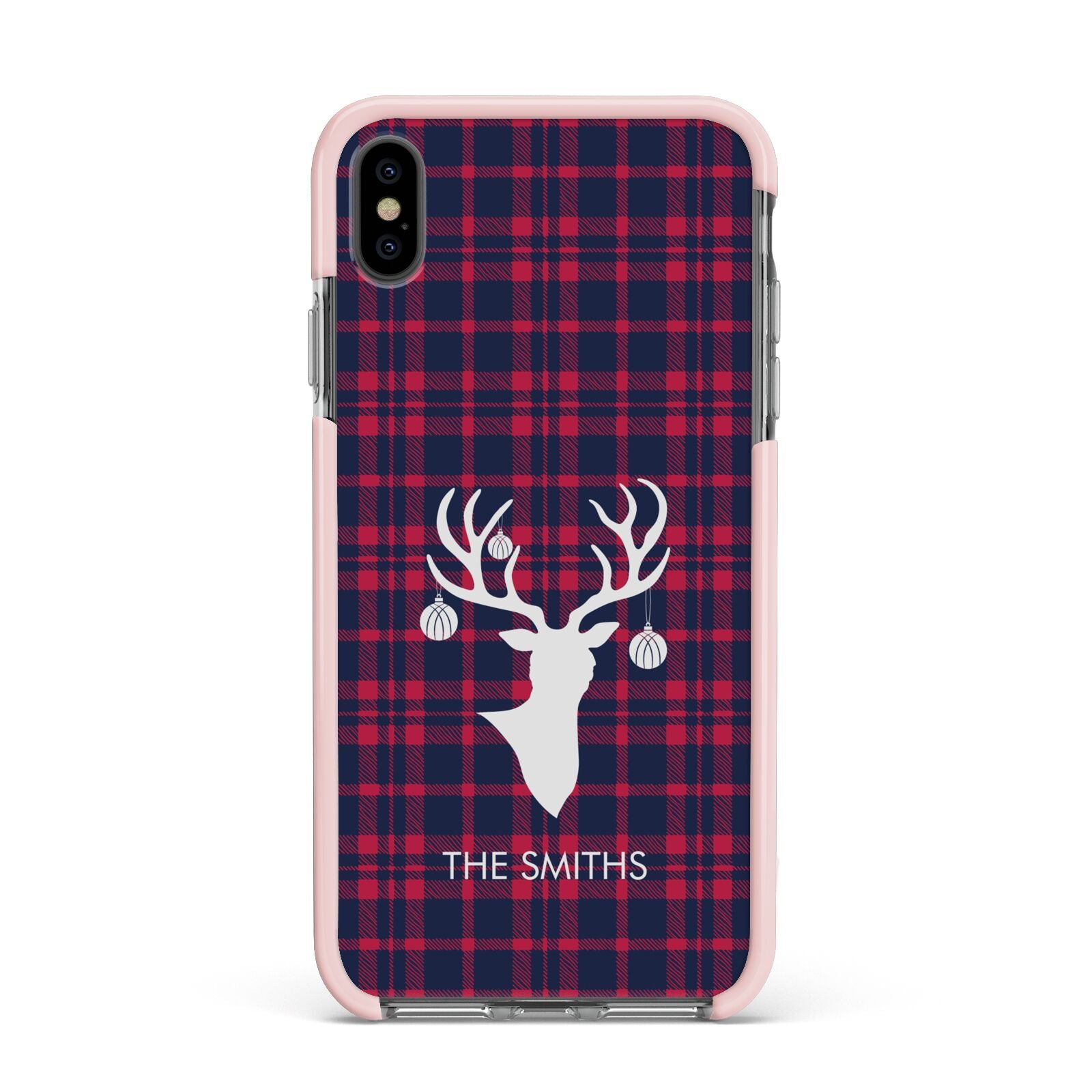 Tartan Stag Personalised Family Name Apple iPhone Xs Max Impact Case Pink Edge on Black Phone