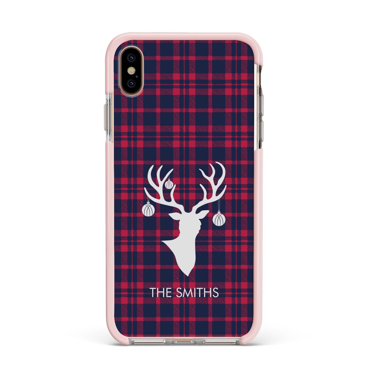 Tartan Stag Personalised Family Name Apple iPhone Xs Max Impact Case Pink Edge on Gold Phone