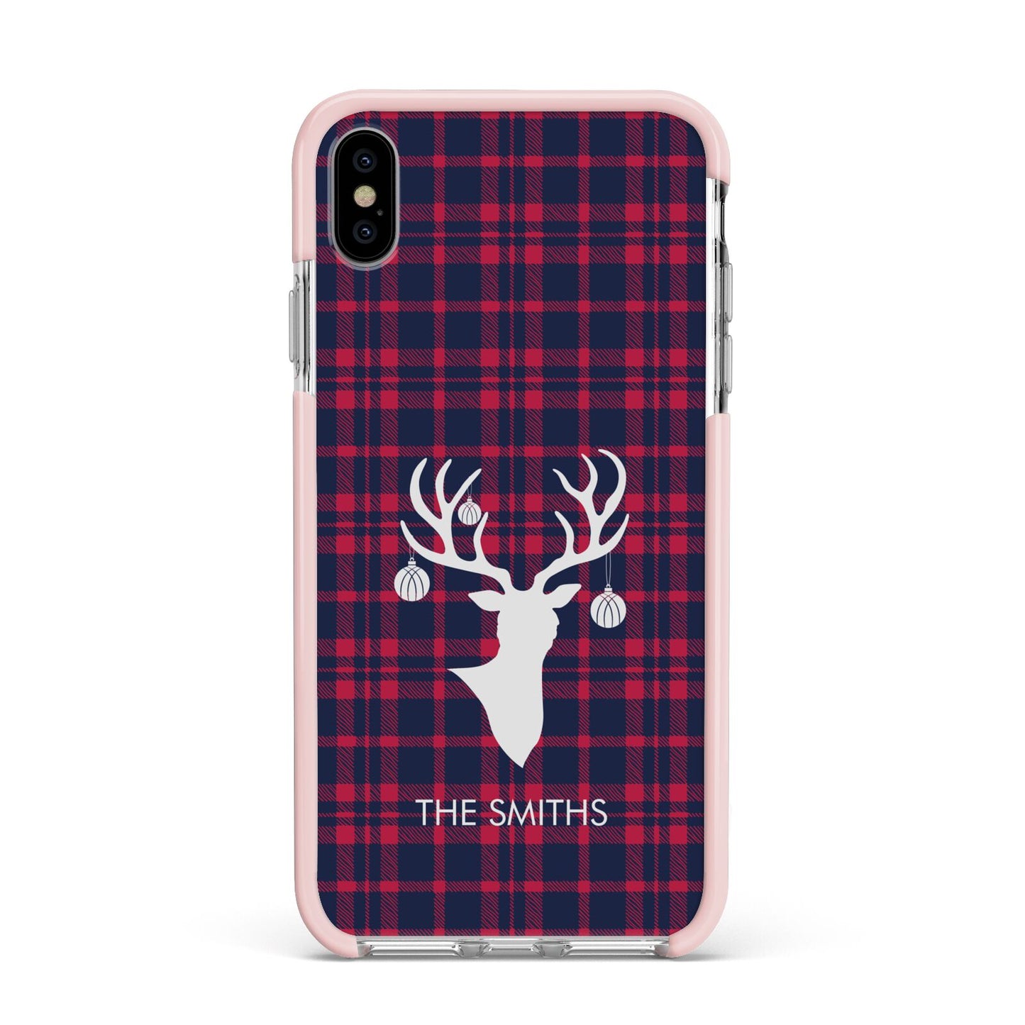Tartan Stag Personalised Family Name Apple iPhone Xs Max Impact Case Pink Edge on Silver Phone