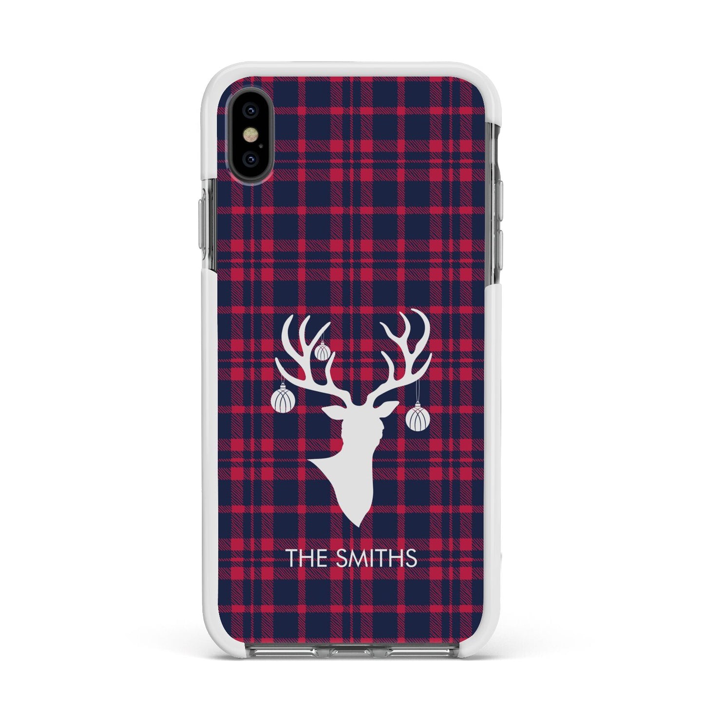 Tartan Stag Personalised Family Name Apple iPhone Xs Max Impact Case White Edge on Black Phone