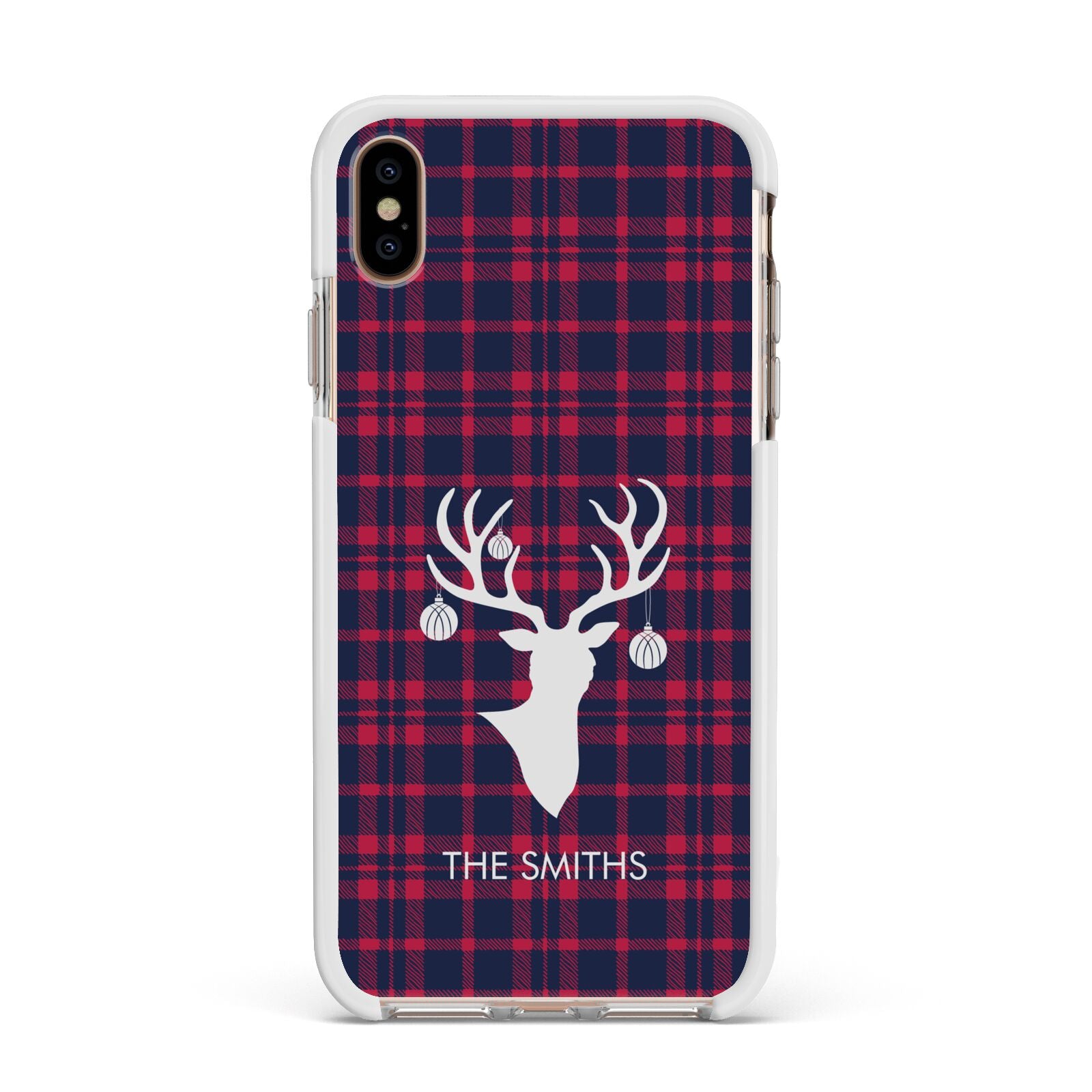 Tartan Stag Personalised Family Name Apple iPhone Xs Max Impact Case White Edge on Gold Phone