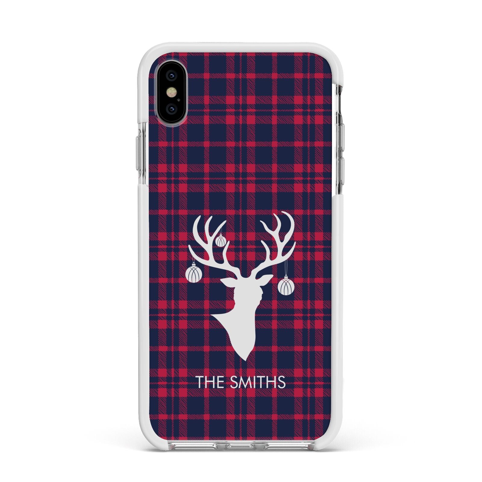 Tartan Stag Personalised Family Name Apple iPhone Xs Max Impact Case White Edge on Silver Phone
