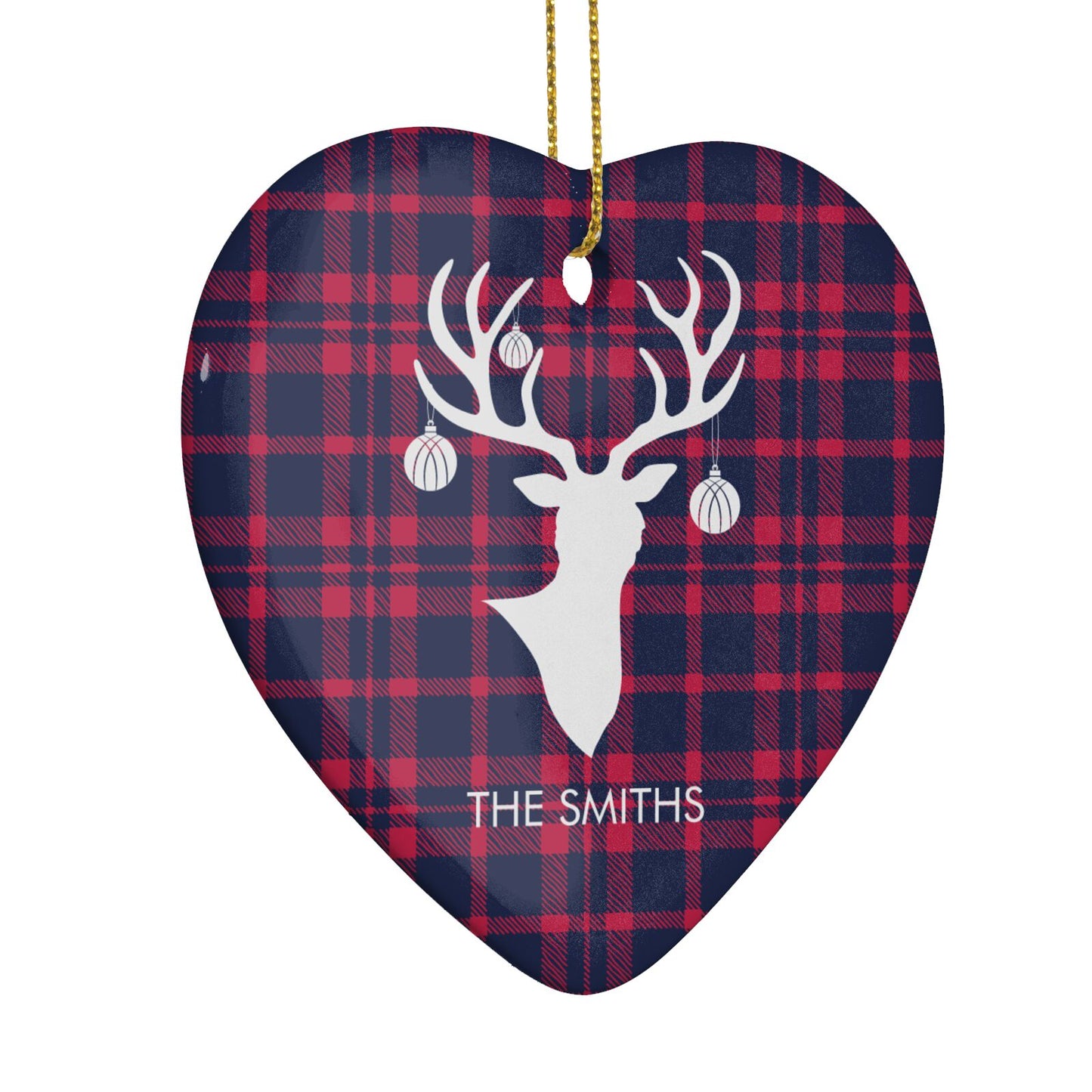 Tartan Stag Personalised Family Name Heart Decoration Side Angle