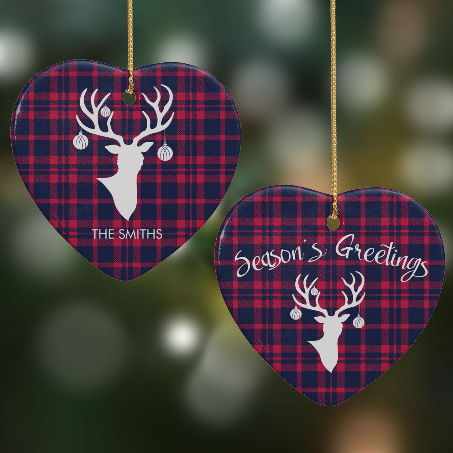 Tartan Stag Personalised Family Name Heart Decoration on Christmas Background