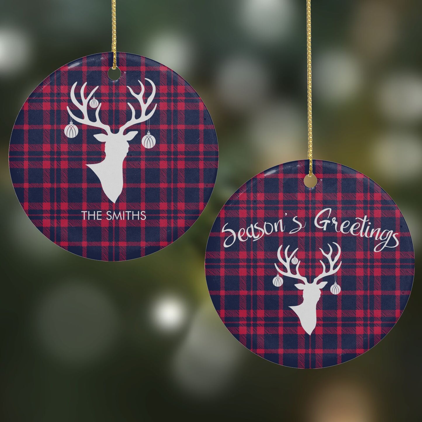 Tartan Stag Personalised Family Name Round Decoration on Christmas Background