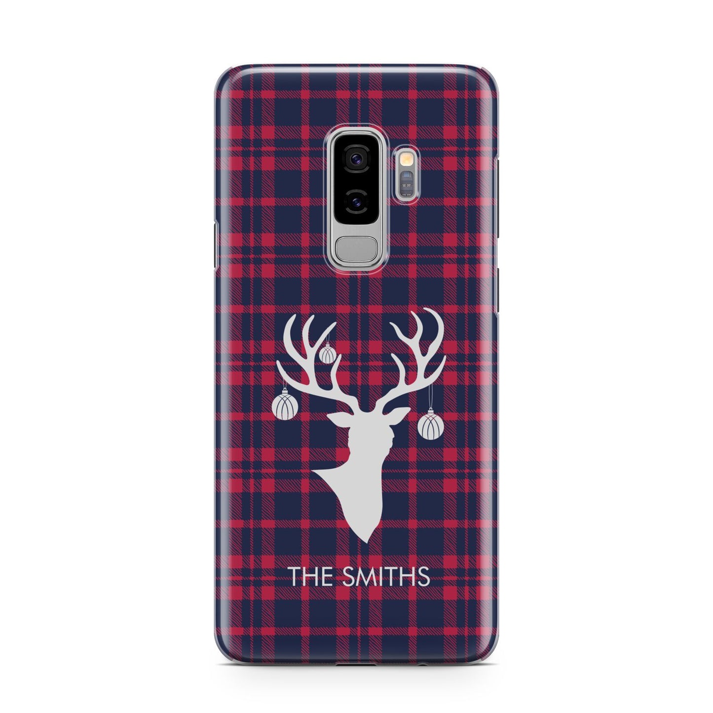 Tartan Stag Personalised Family Name Samsung Galaxy S9 Plus Case on Silver phone