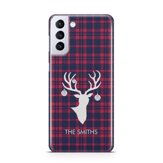 Tartan Stag Personalised Family Name Samsung S21 Plus Phone Case