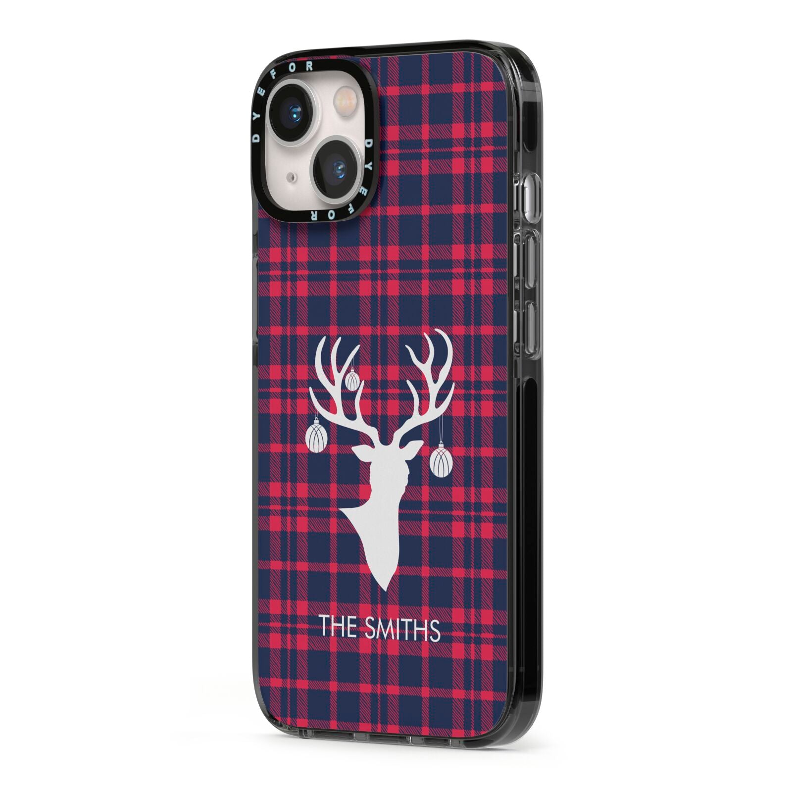 Tartan Stag Personalised Family Name iPhone 13 Black Impact Case Side Angle on Silver phone