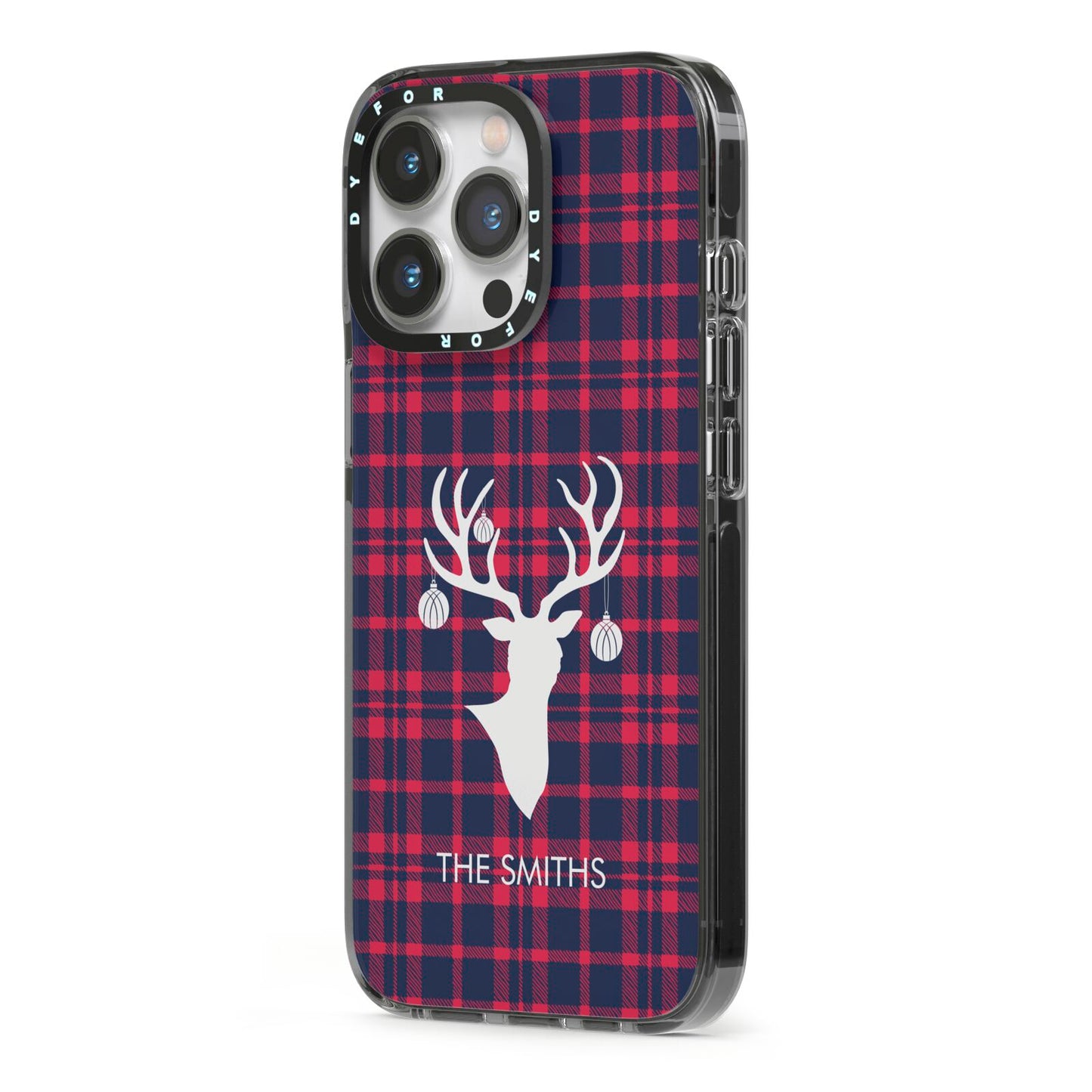 Tartan Stag Personalised Family Name iPhone 13 Pro Black Impact Case Side Angle on Silver phone