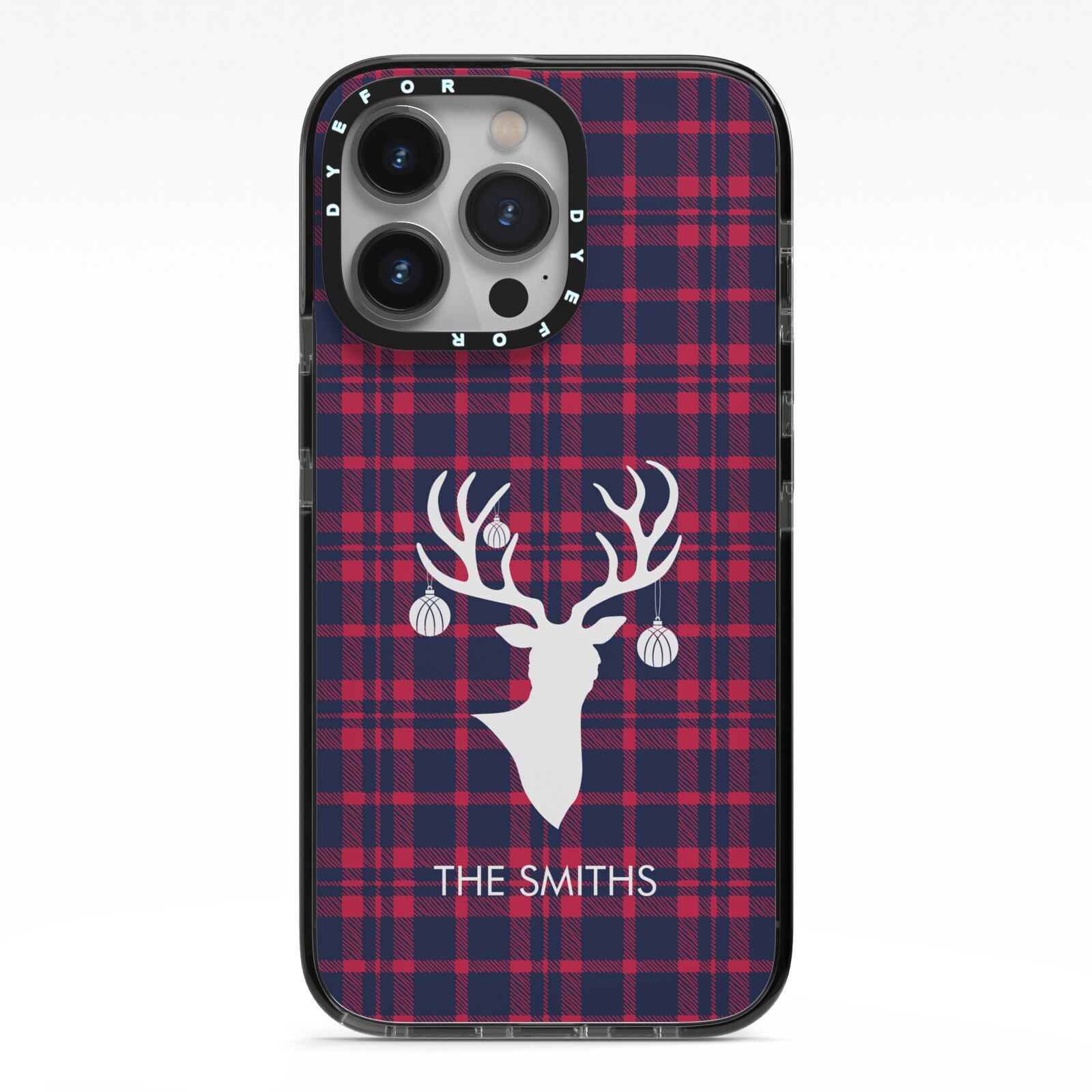 Tartan Stag Personalised Family Name iPhone 13 Pro Black Impact Case on Silver phone