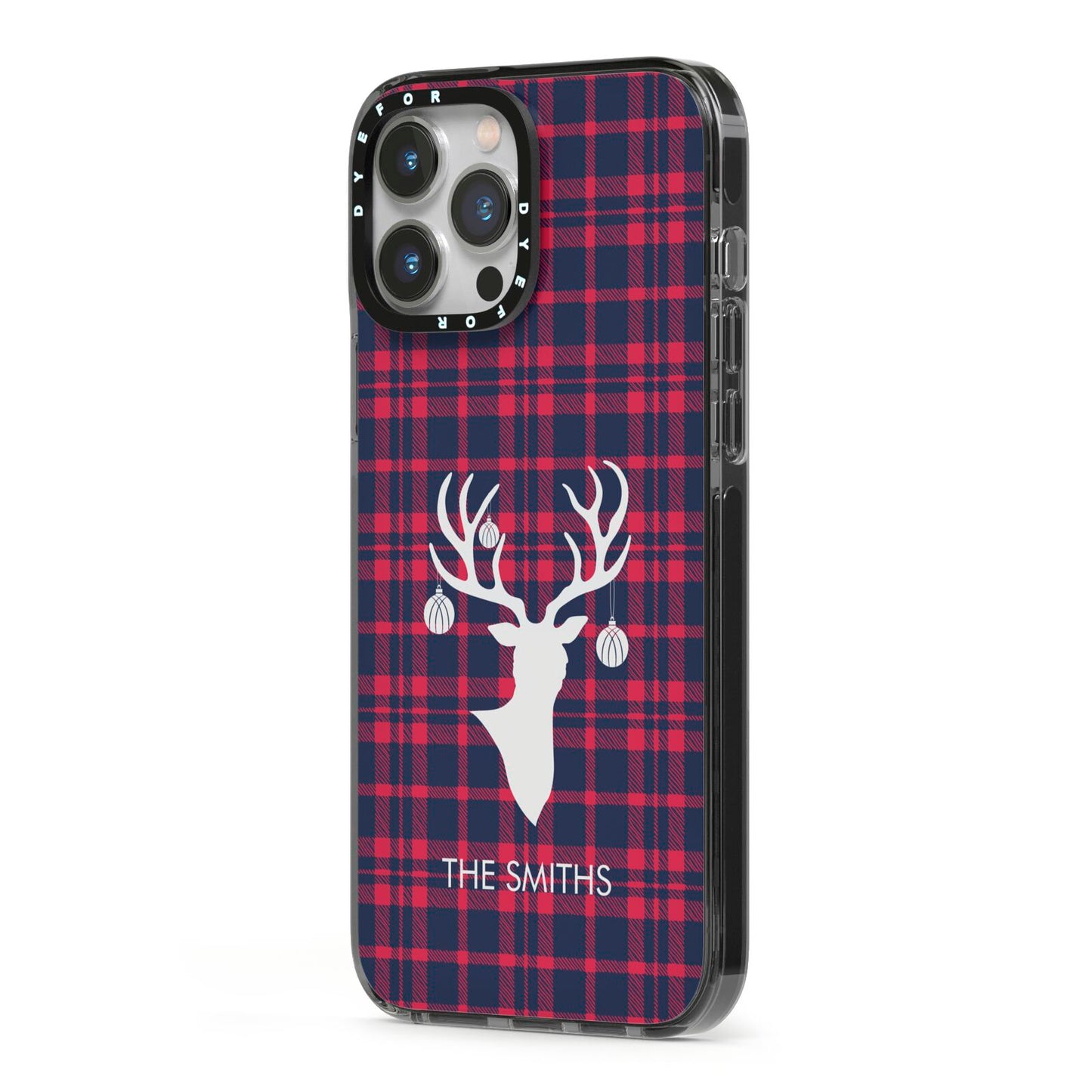 Tartan Stag Personalised Family Name iPhone 13 Pro Max Black Impact Case Side Angle on Silver phone