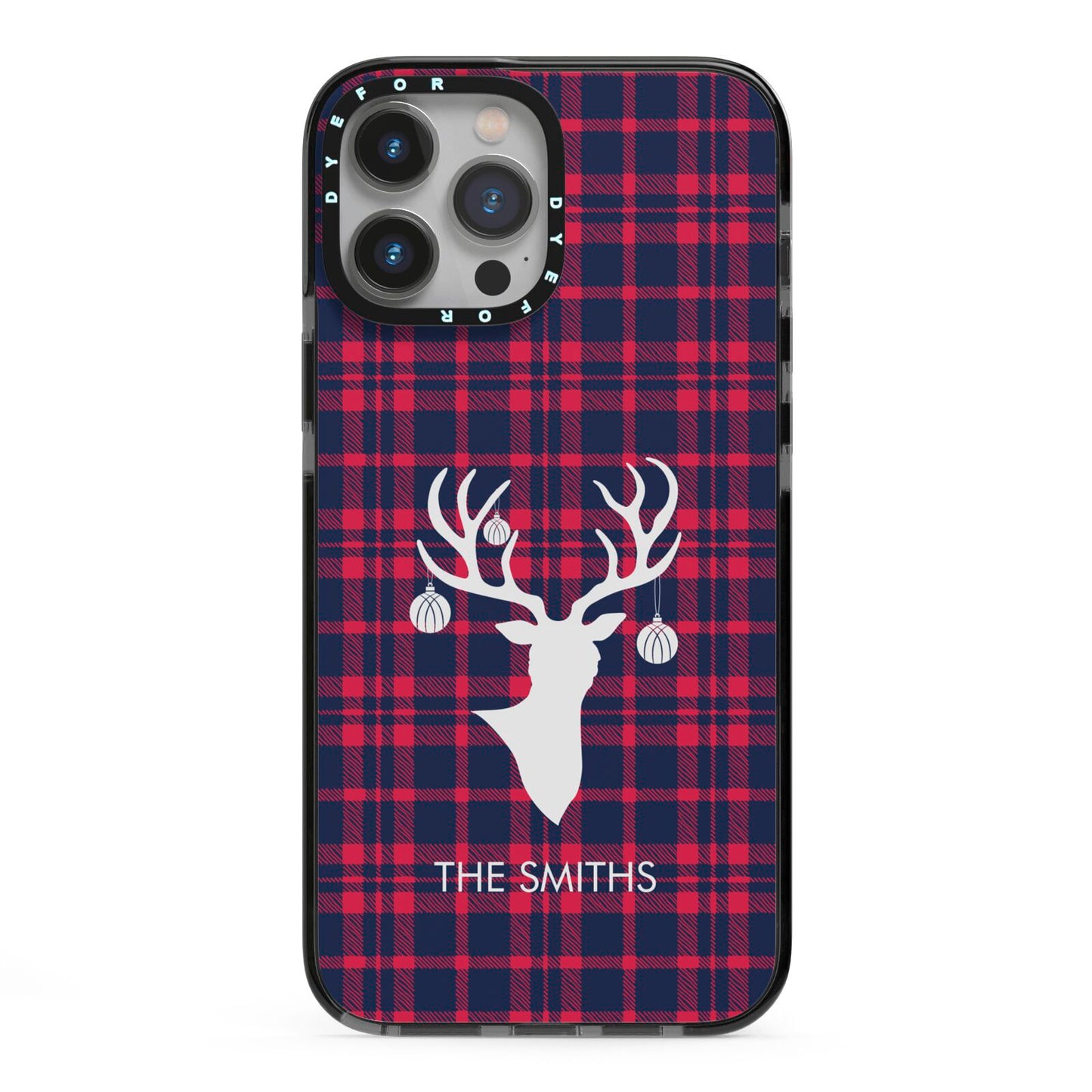 Tartan Stag Personalised Family Name iPhone 13 Pro Max Black Impact Case on Silver phone