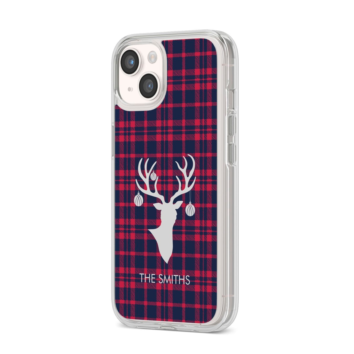 Tartan Stag Personalised Family Name iPhone 14 Clear Tough Case Starlight Angled Image