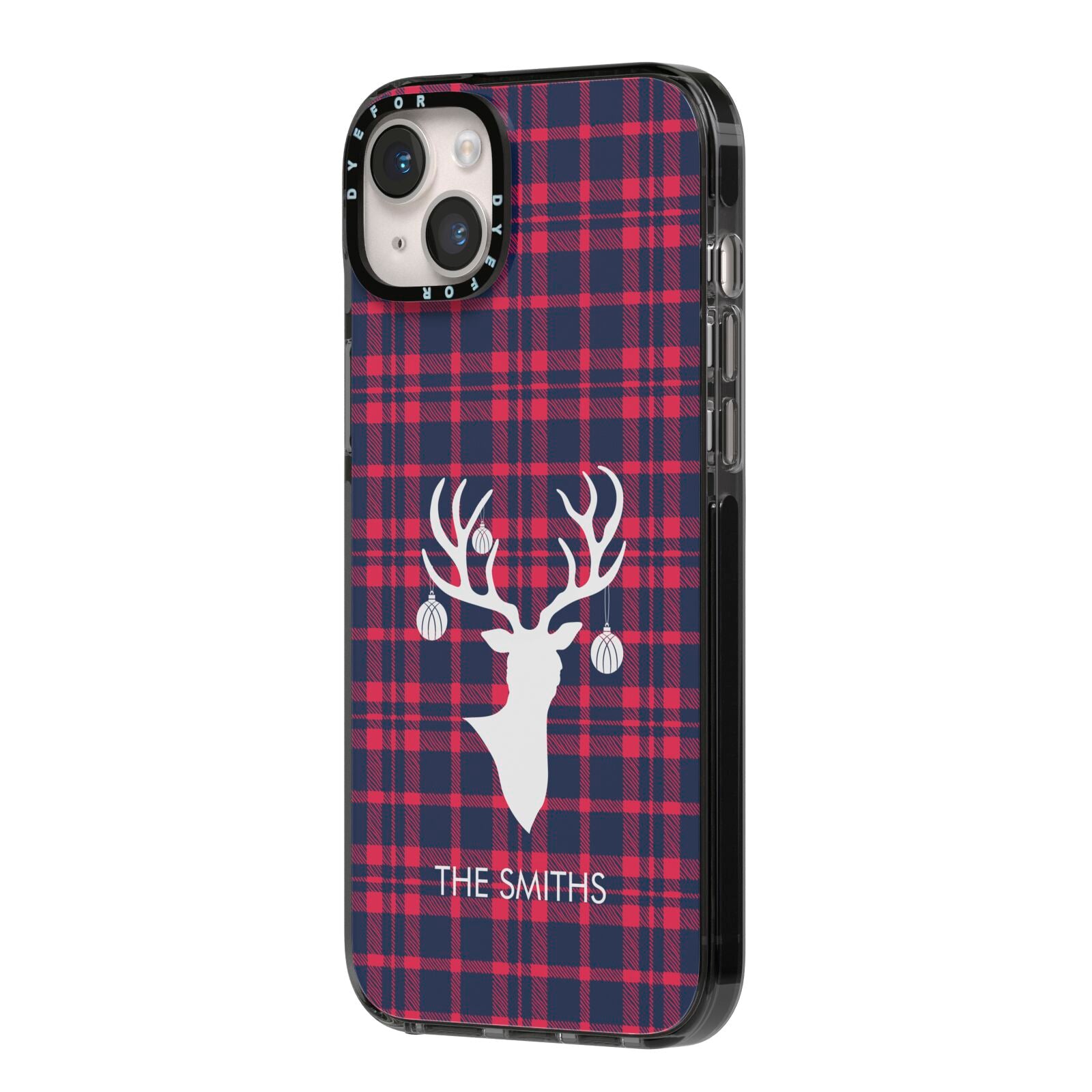 Tartan Stag Personalised Family Name iPhone 14 Plus Black Impact Case Side Angle on Silver phone