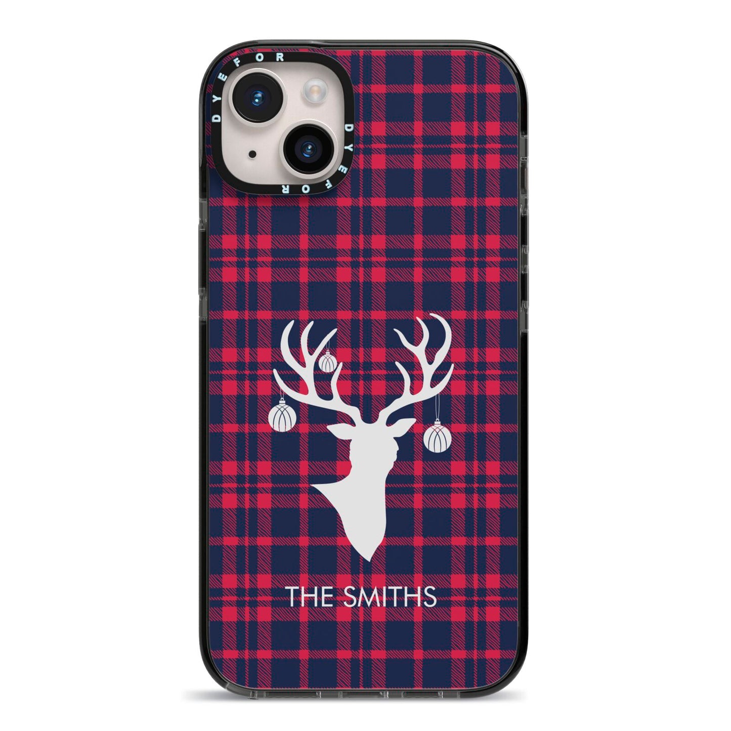 Tartan Stag Personalised Family Name iPhone 14 Plus Black Impact Case on Silver phone