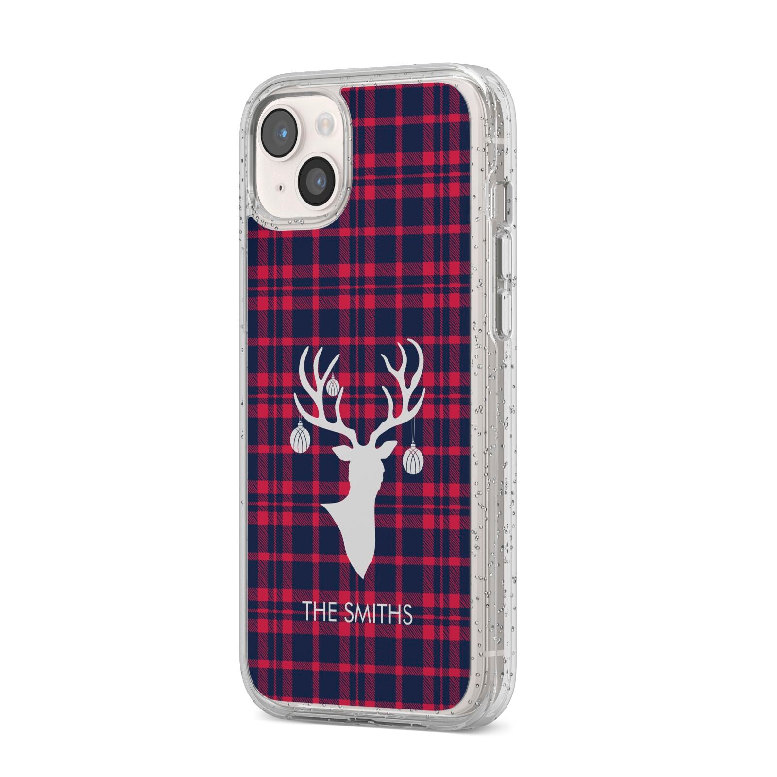 Tartan Stag Personalised Family Name iPhone 14 Plus Glitter Tough Case Starlight Angled Image