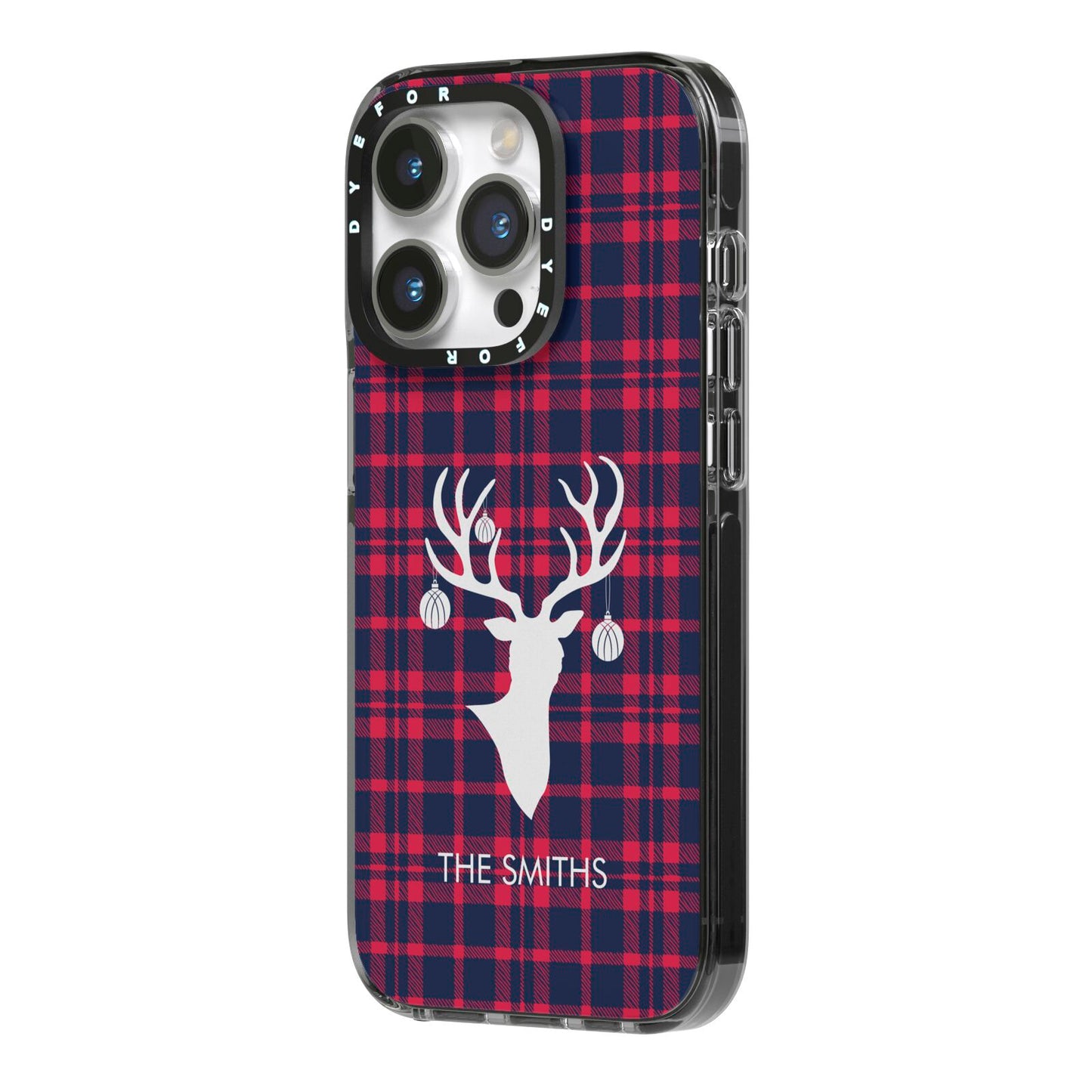 Tartan Stag Personalised Family Name iPhone 14 Pro Black Impact Case Side Angle on Silver phone