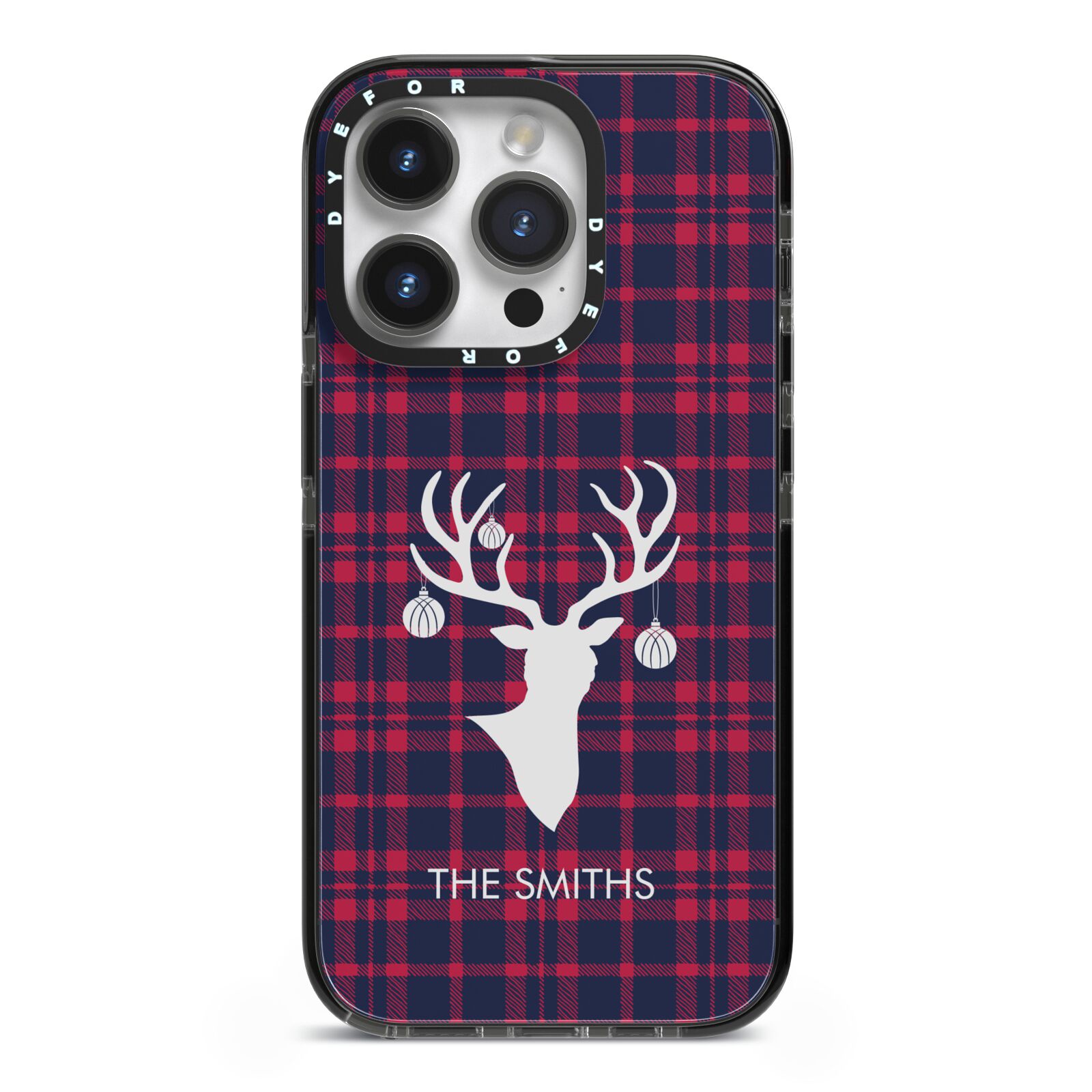 Tartan Stag Personalised Family Name iPhone 14 Pro Black Impact Case on Silver phone