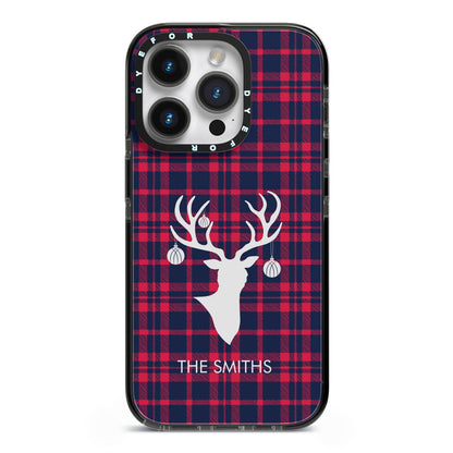 Tartan Stag Personalised Family Name iPhone 14 Pro Black Impact Case on Silver phone