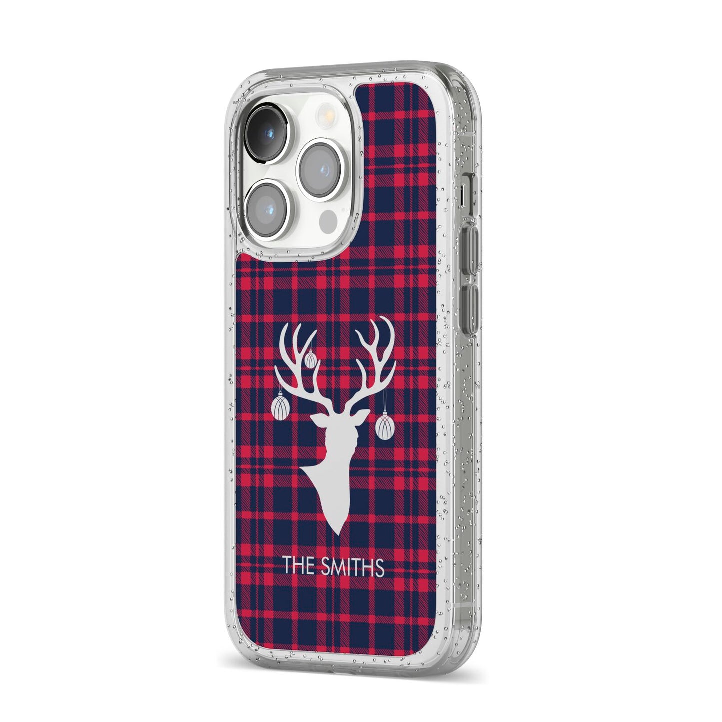 Tartan Stag Personalised Family Name iPhone 14 Pro Glitter Tough Case Silver Angled Image