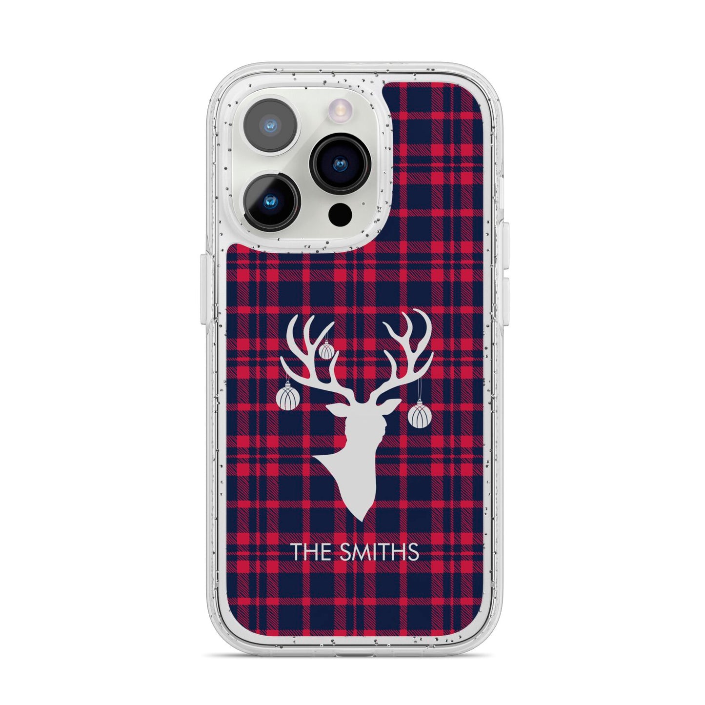 Tartan Stag Personalised Family Name iPhone 14 Pro Glitter Tough Case Silver
