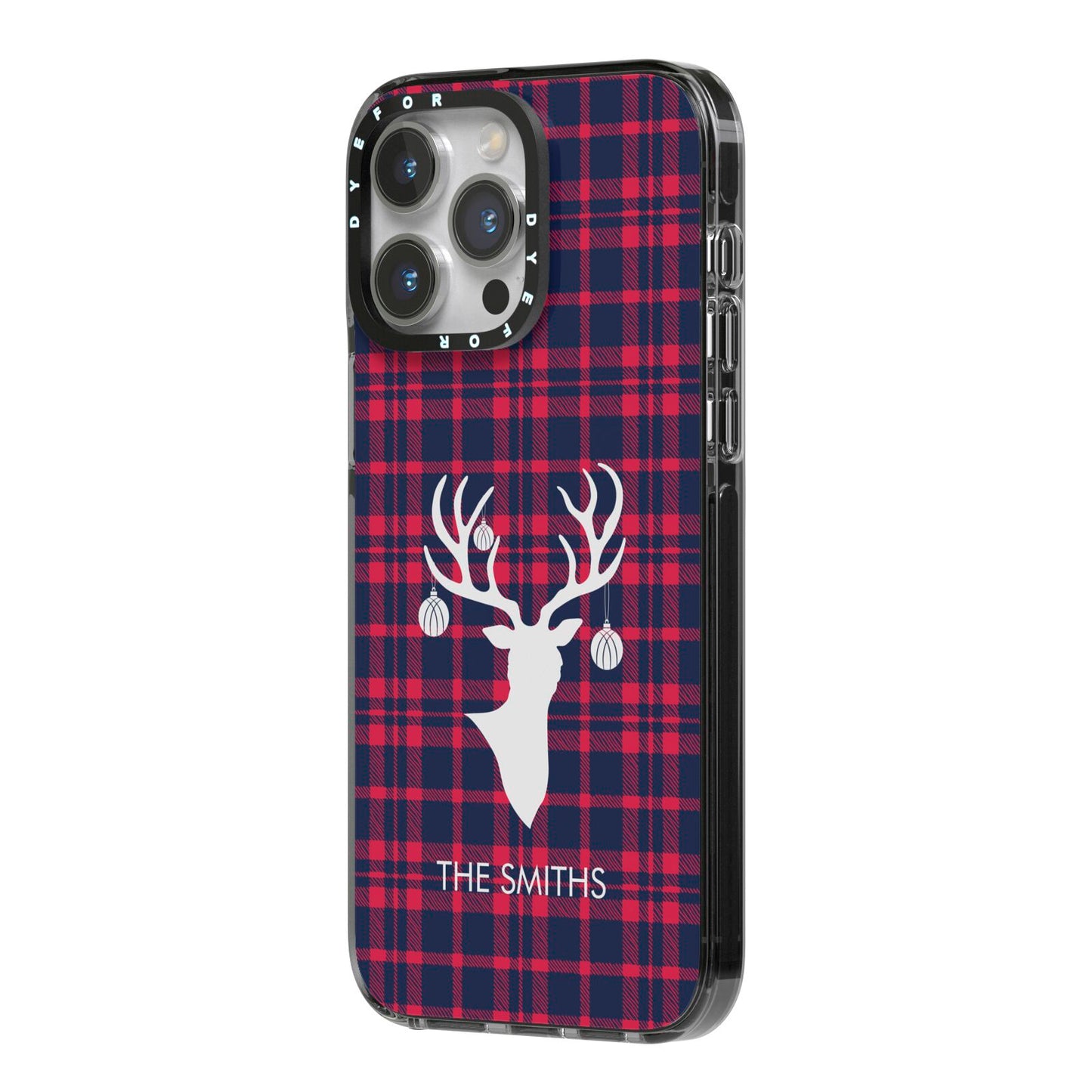 Tartan Stag Personalised Family Name iPhone 14 Pro Max Black Impact Case Side Angle on Silver phone