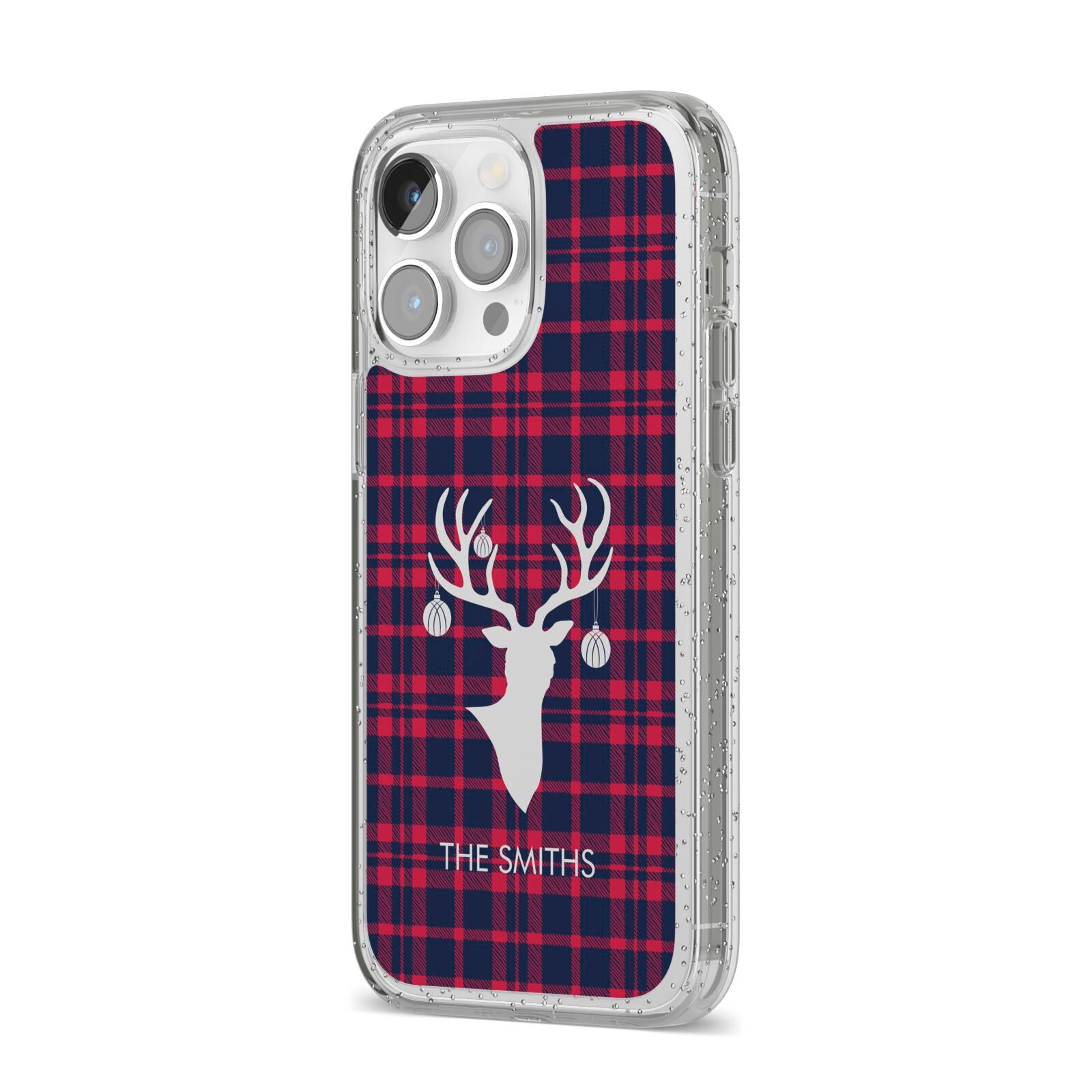 Tartan Stag Personalised Family Name iPhone 14 Pro Max Glitter Tough Case Silver Angled Image