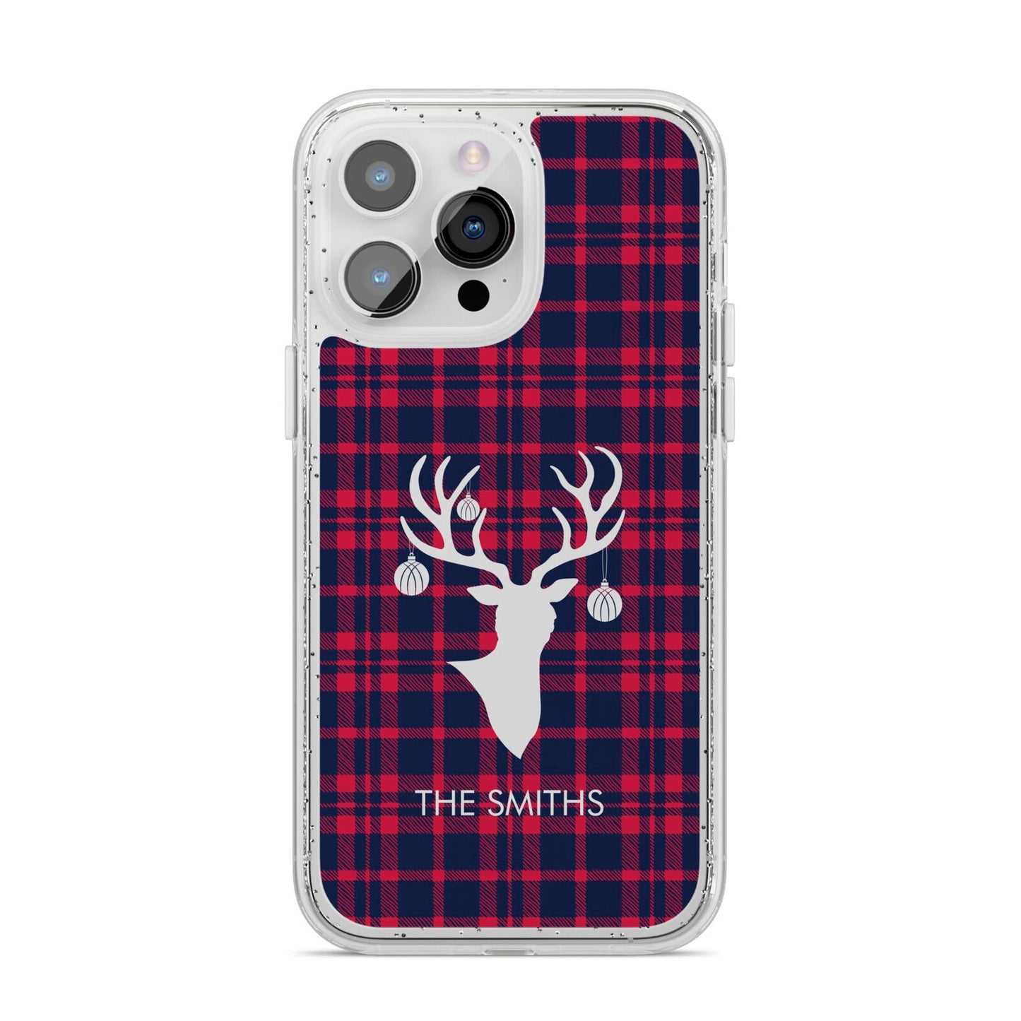 Tartan Stag Personalised Family Name iPhone 14 Pro Max Glitter Tough Case Silver