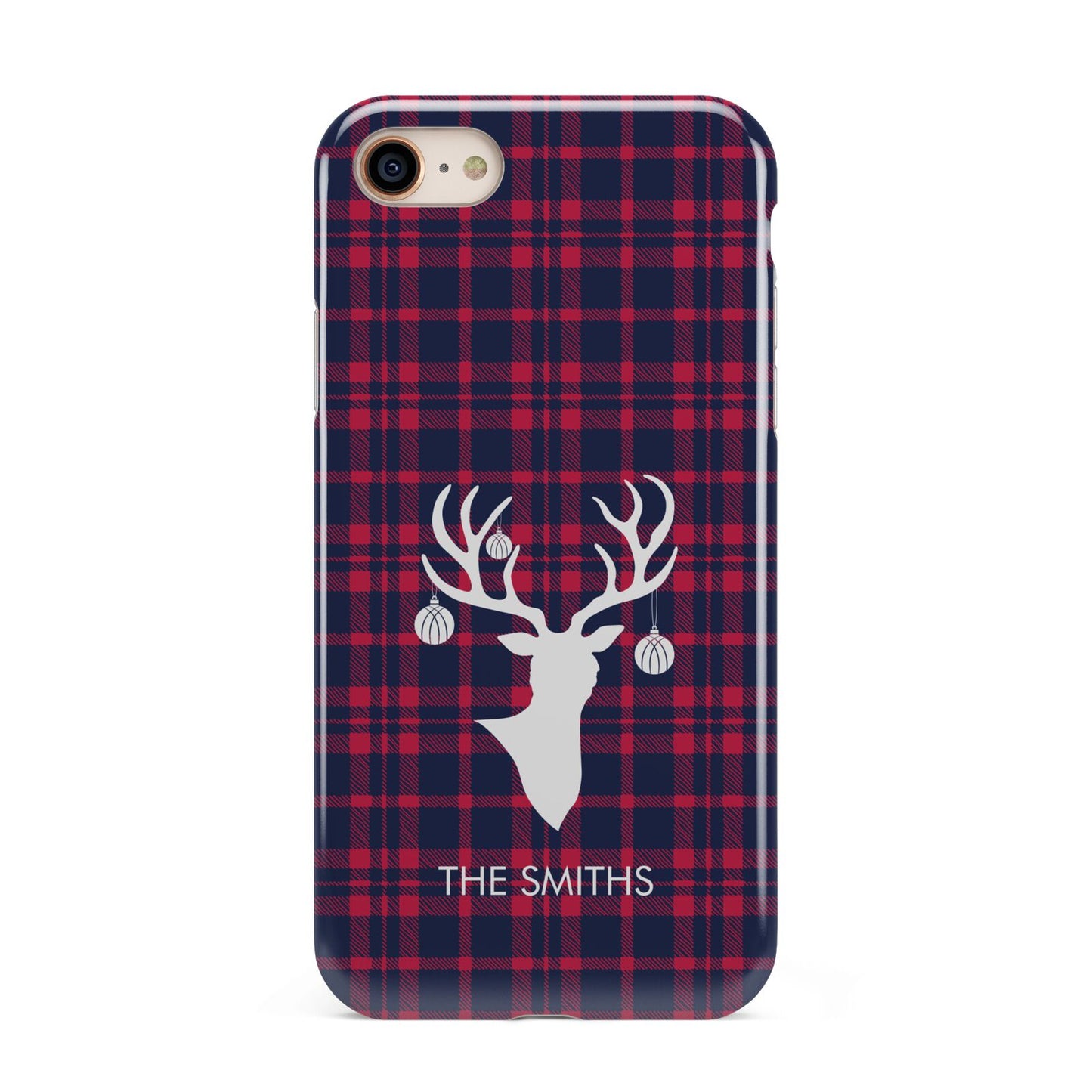 Tartan Stag Personalised Family Name iPhone 8 3D Tough Case on Gold Phone