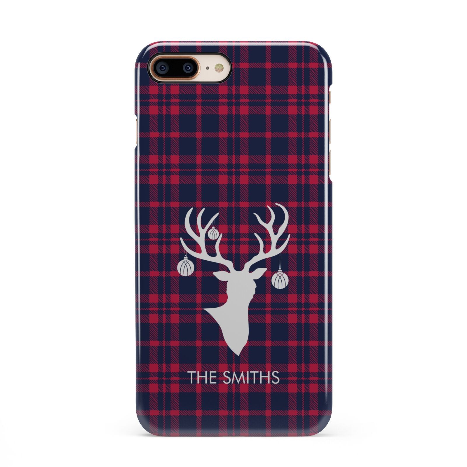 Tartan Stag Personalised Family Name iPhone 8 Plus 3D Snap Case on Gold Phone