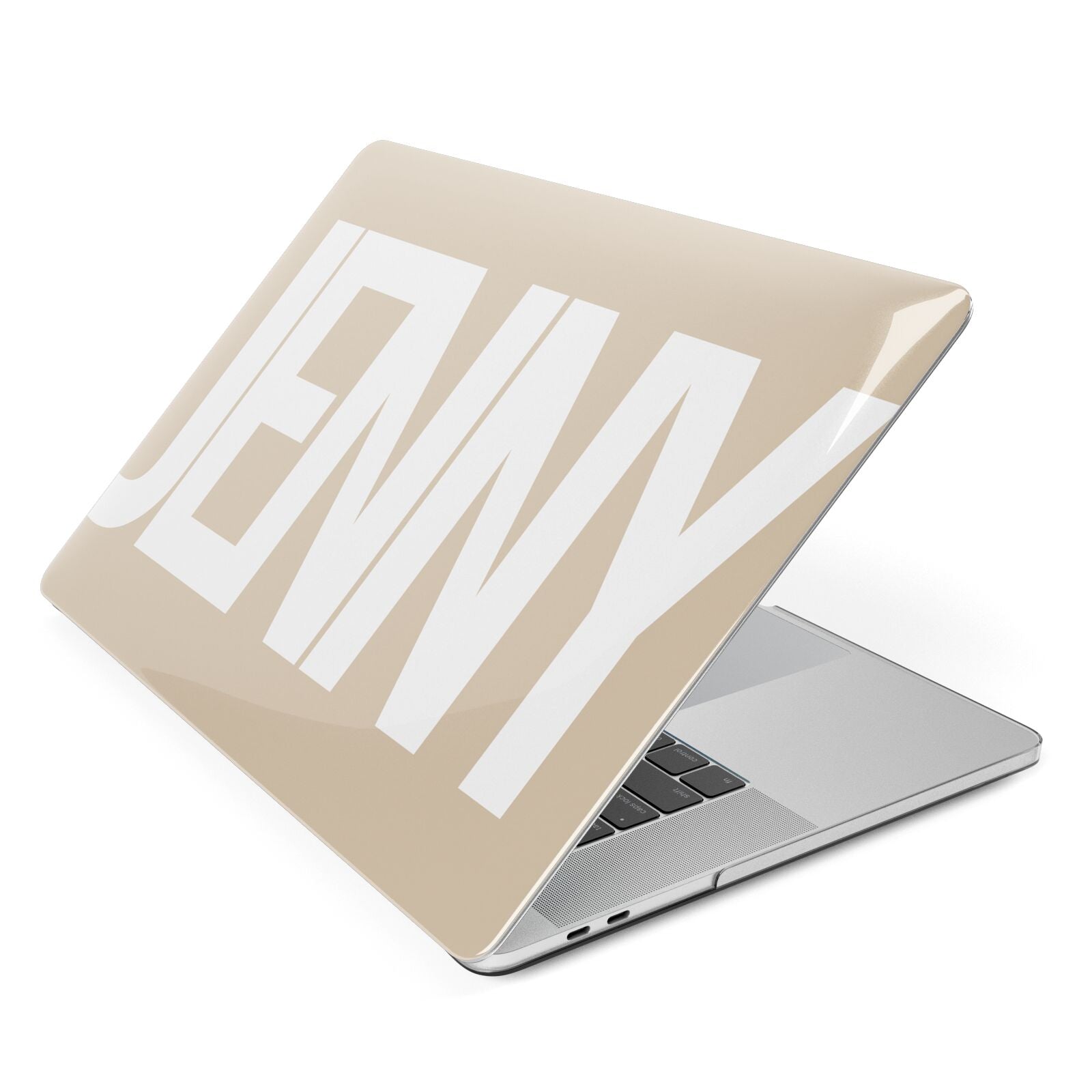 Taupe with Bold White Name Apple MacBook Case Side View